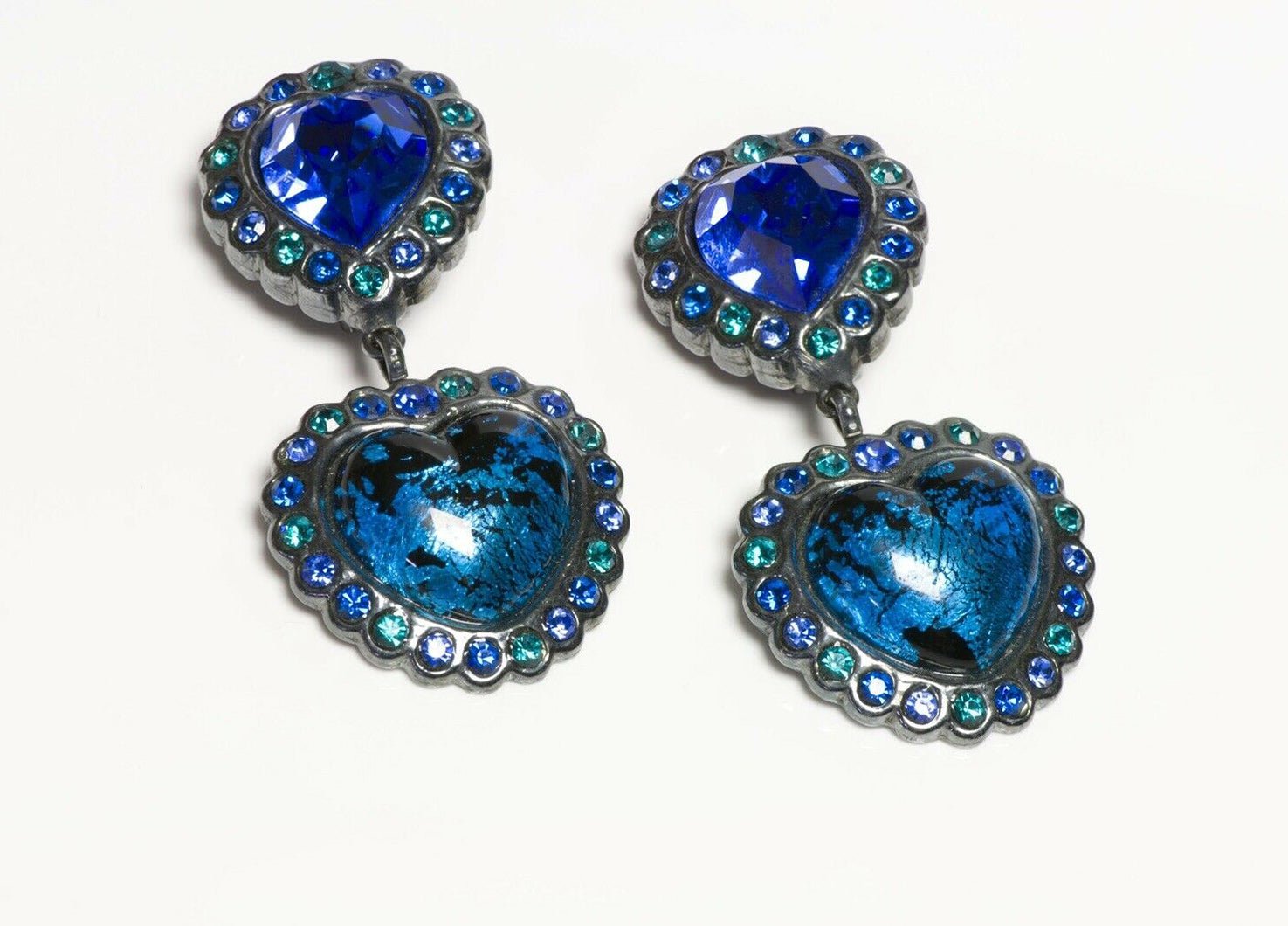 Yves Saint Laurent YSL Rive Gauche Long Blue Green Crystal Glass Heart Earrings