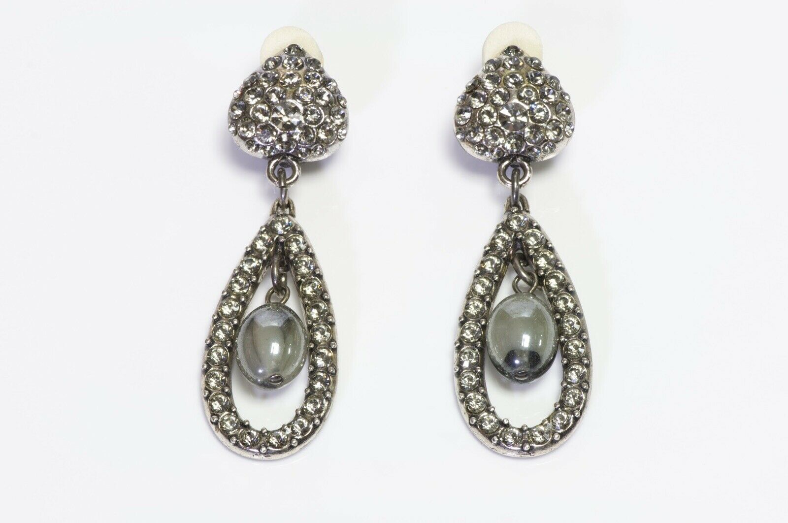 Yves Saint Laurent YSL Rive Gauche Long Silver Tone Crystal Heart Drop Earrings