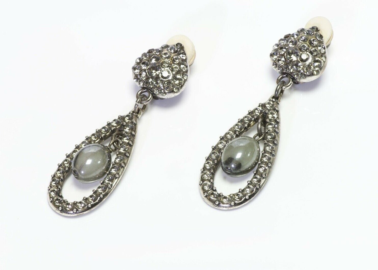 Yves Saint Laurent YSL Rive Gauche Long Silver Tone Crystal Heart Drop Earrings