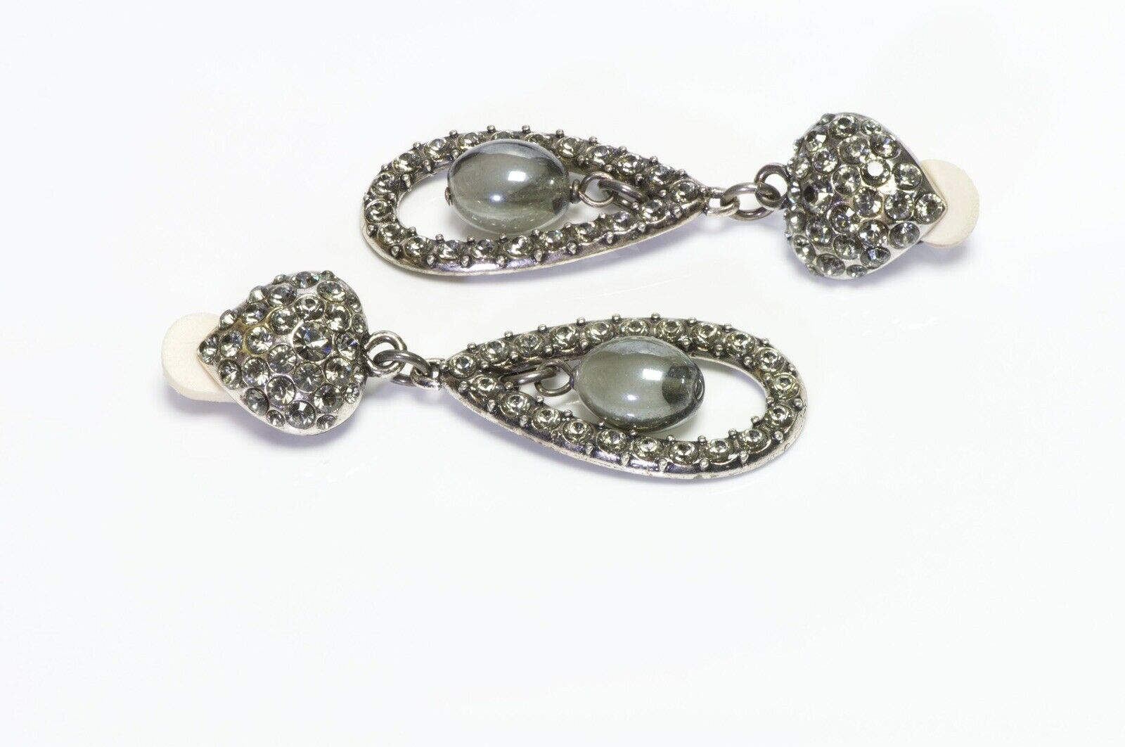 Yves Saint Laurent YSL Rive Gauche Long Silver Tone Crystal Heart Drop Earrings