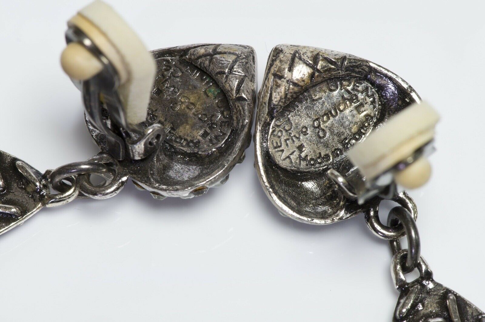 Yves Saint Laurent YSL Rive Gauche Long Silver Tone Crystal Heart Drop Earrings