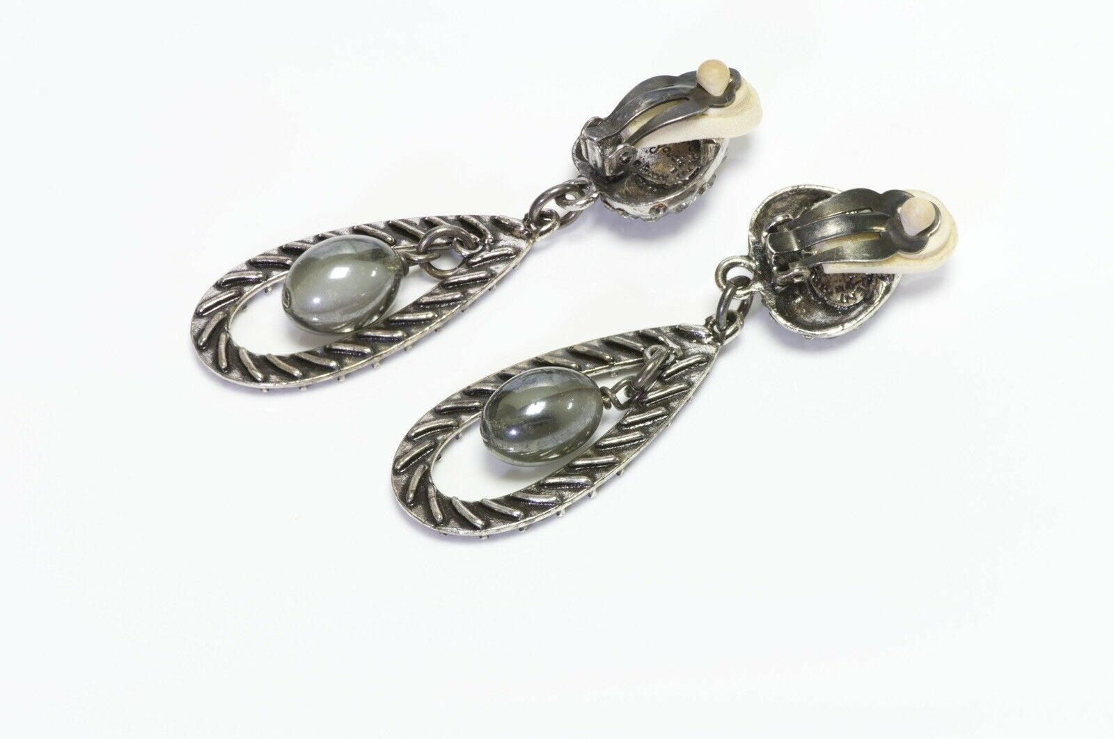 Yves Saint Laurent YSL Rive Gauche Long Silver Tone Crystal Heart Drop Earrings