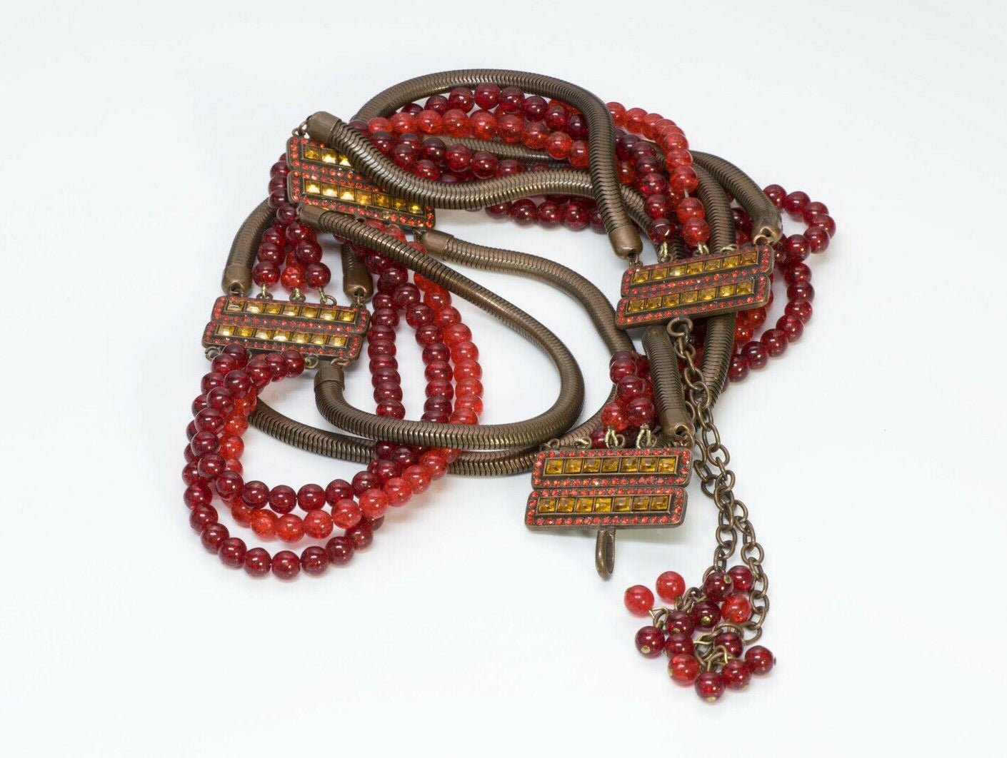 Yves Saint Laurent YSL Rive Gauche Red Glass Beads Chain Tassel Women’s Belt