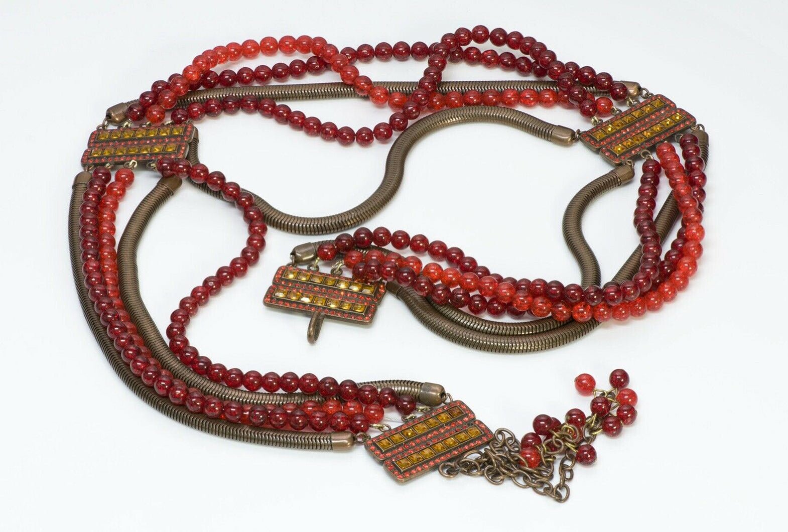 Yves Saint Laurent YSL Rive Gauche Red Glass Beads Chain Tassel Women’s Belt