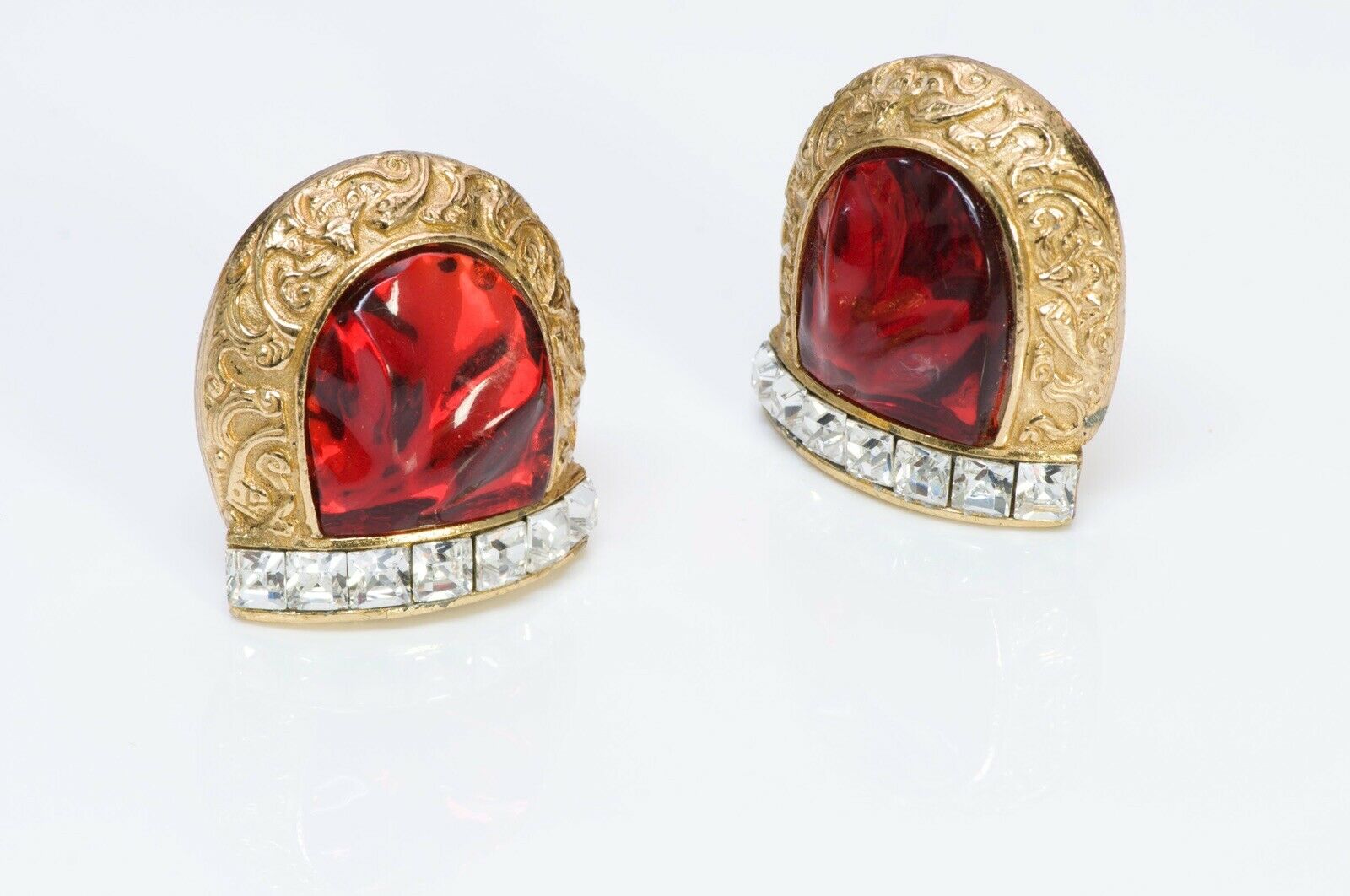 Yves Saint Laurent YSL Robert Goossens Red Glass Crystal Horseshoe Earrings