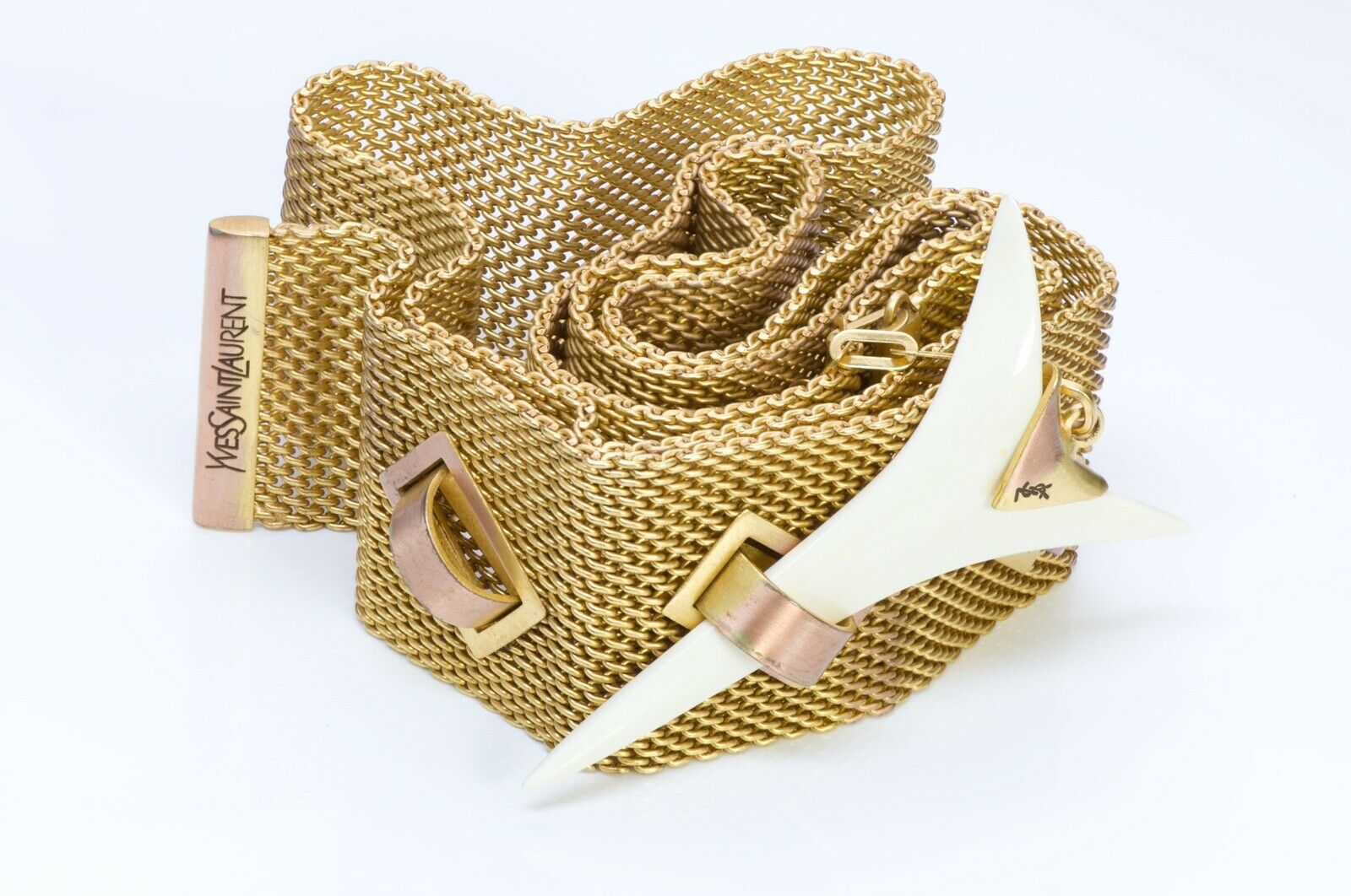 Yves Saint Laurent YSL Wide Pink Yellow Metal Mesh Women's Belt