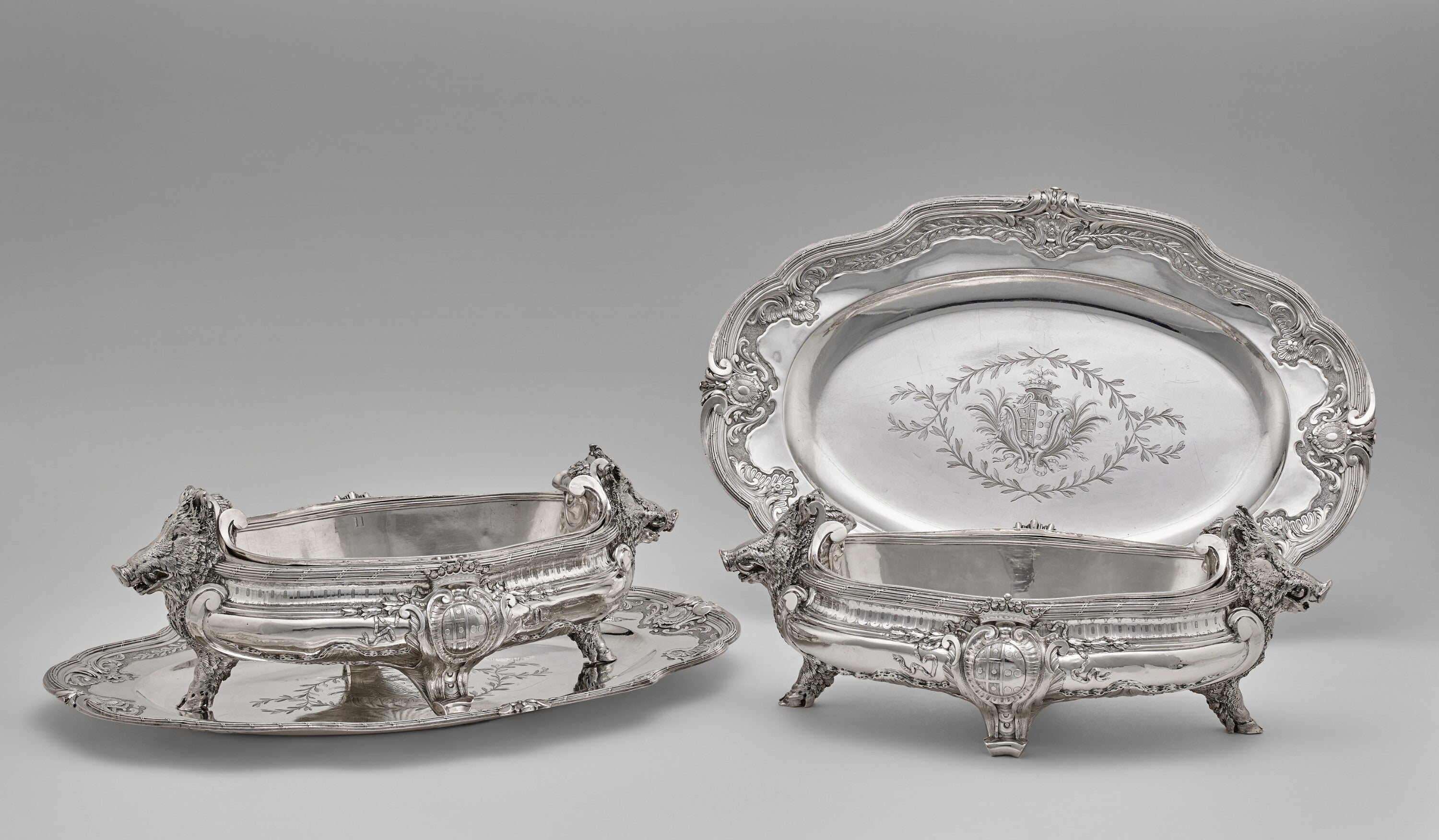 Tureen, Liner, and Stand. Made by Thomas Germain and Arms added by François-Thomas Germain / Photo Credit: The J. Paul Getty Museum 