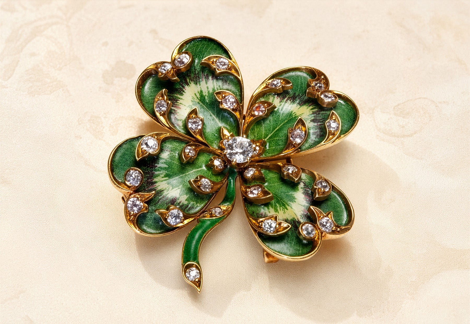 Antique green enamel diamond clover brooch by DSF Antique Jewelry
