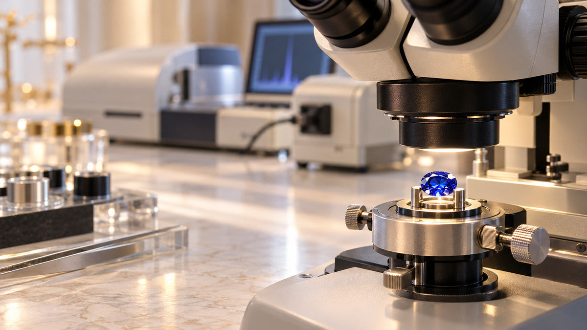 Blue sapphire examined beneath a gemological microscope in a modern laboratory.