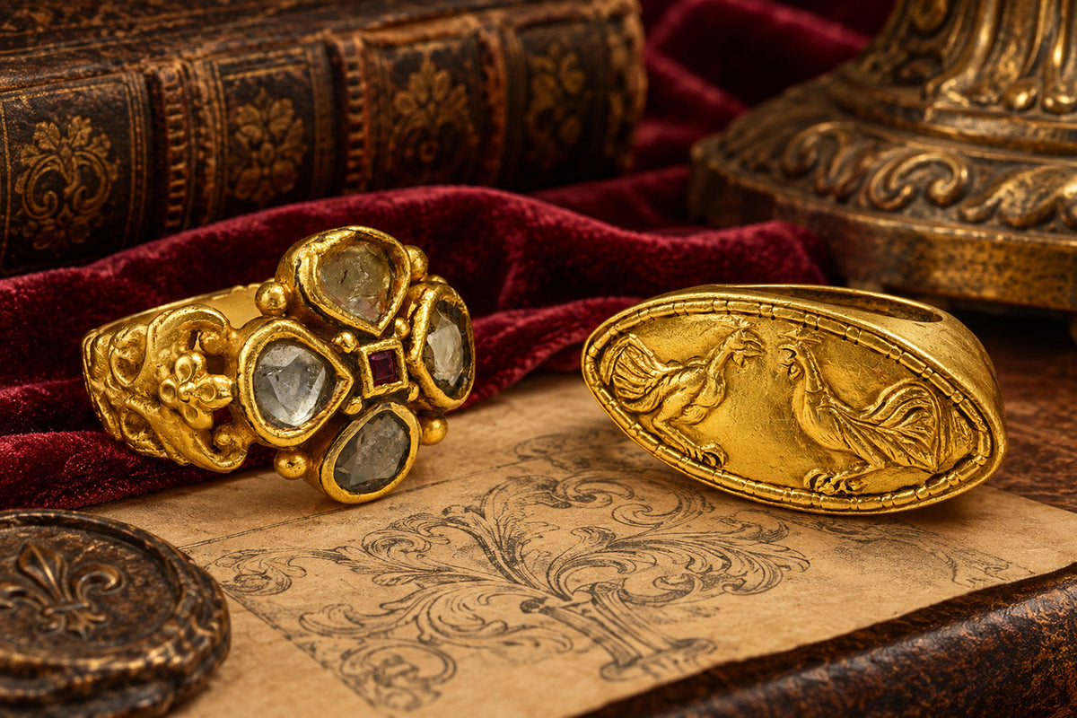 Two rare Renaissance-period gold rings, one set with table-cut diamonds and a ruby, the other engraved with paired roosters, displayed on red velvet and antique parchment. DSF Antique Jewelry.