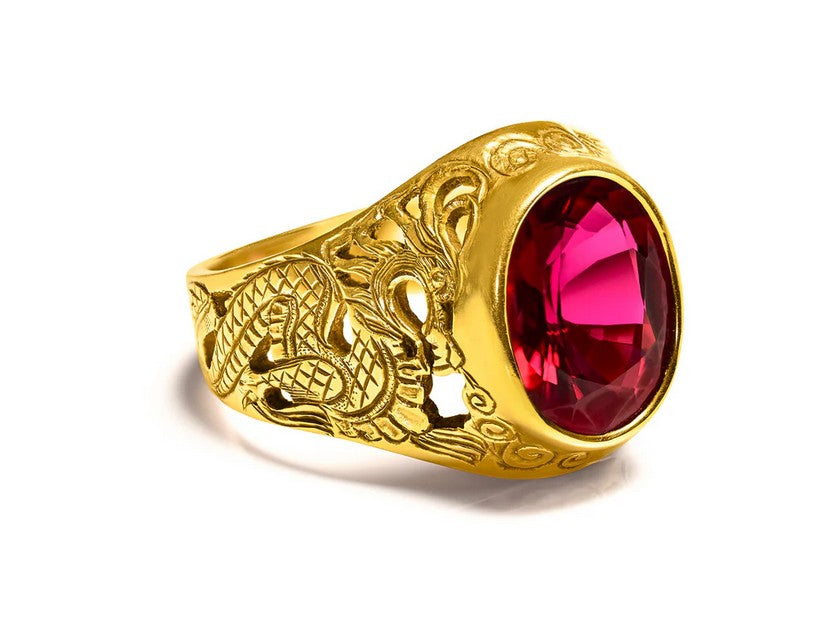 Antique 18K Gold Tourmaline Men's Ring with Dragon Motif