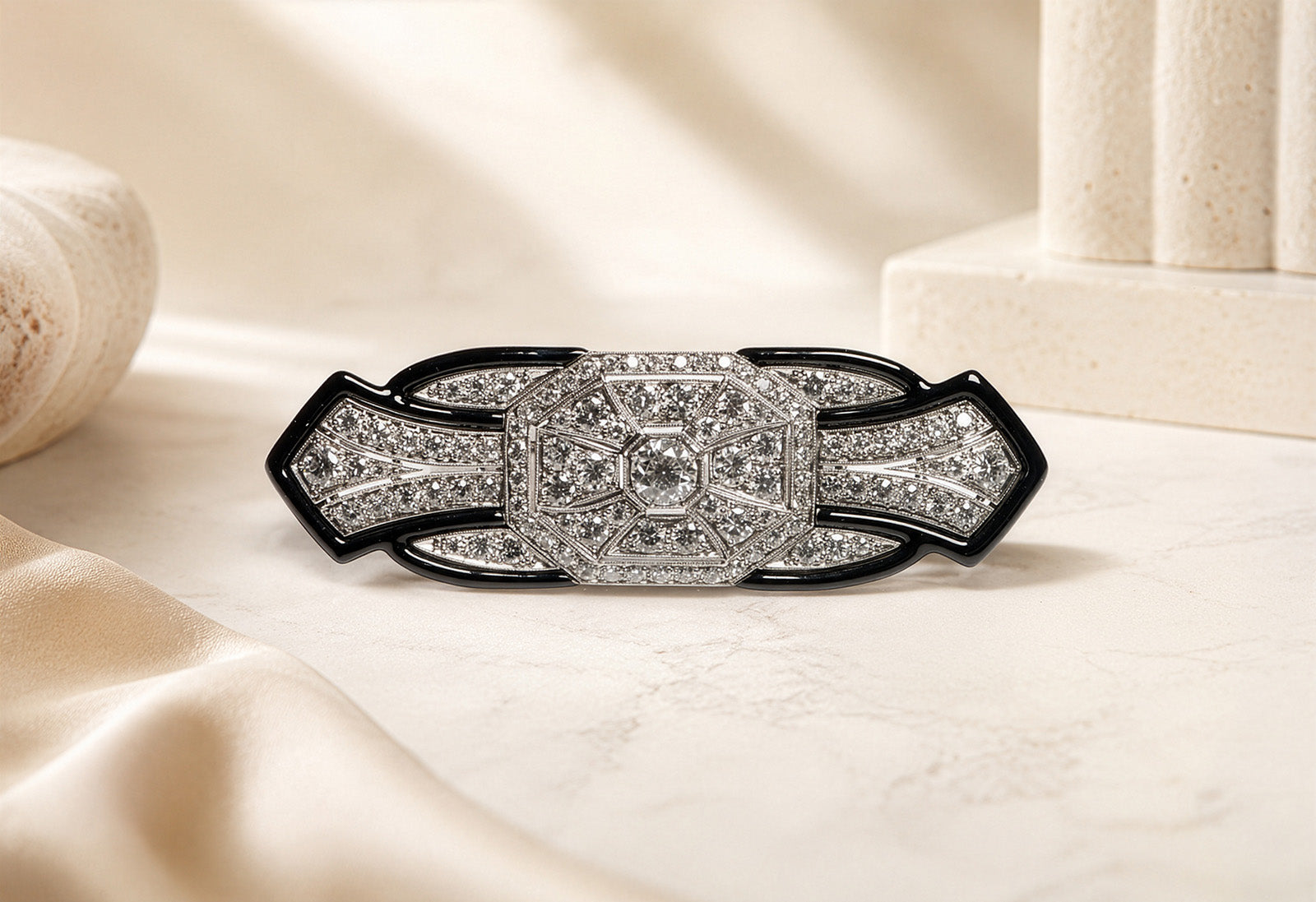Tiffany Art Deco diamond and onyx brooch with geometric platinum design by DSF Antique Jewelry