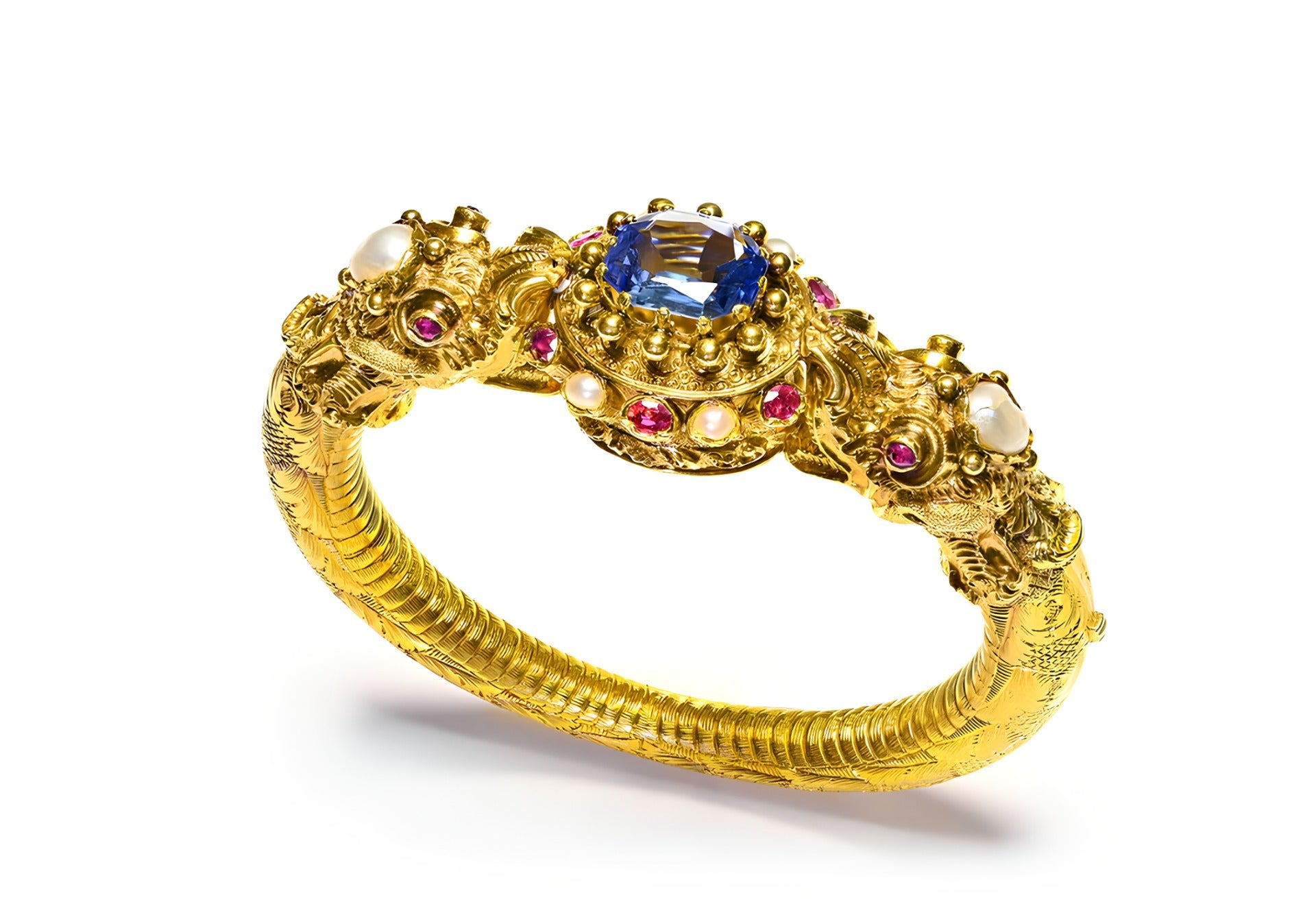 Antique Unheated Ceylon Sapphire Ruby Pearl Gold Bracelet