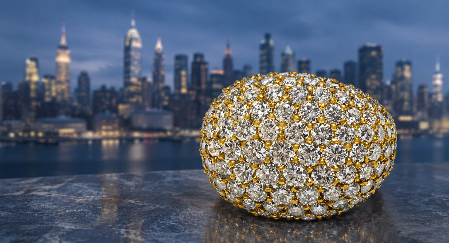 Wide pavé diamond ring in yellow gold displayed against a softly blurred Manhattan skyline at blue hour.