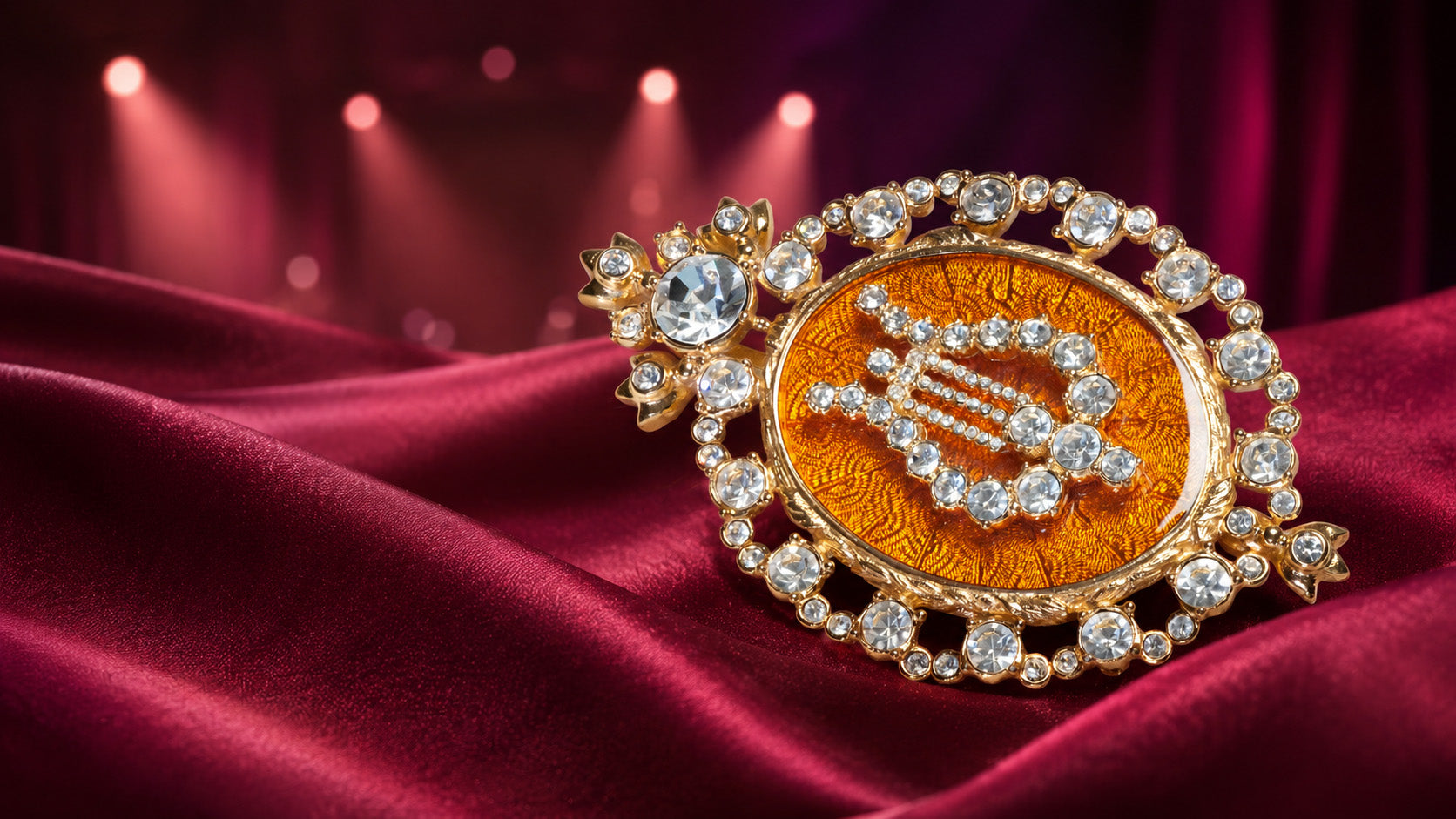 Vintage Christian Dior orange enamel and crystal couture brooch on burgundy satin with softly blurred runway lights.