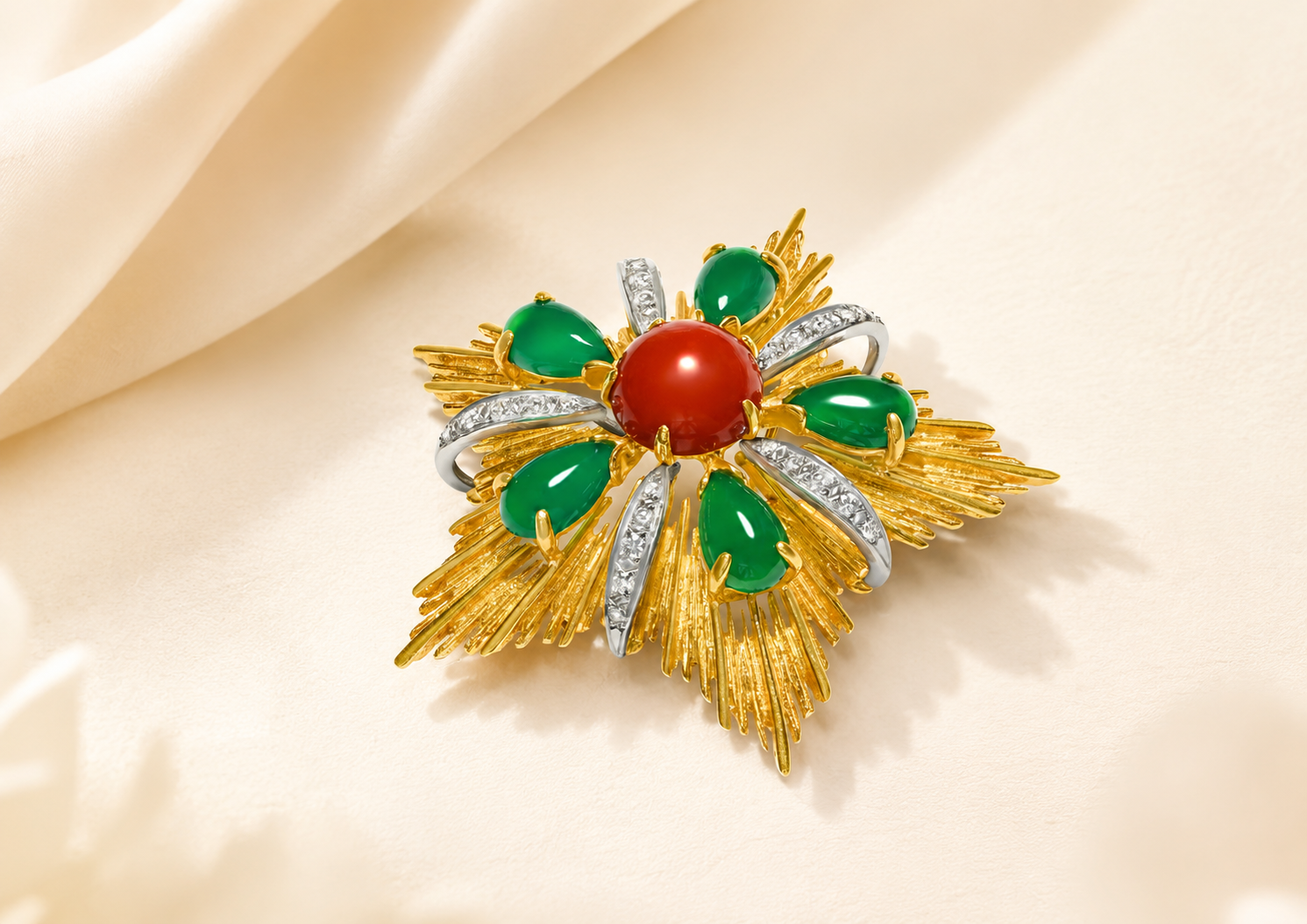 Coral, green chalcedony and diamond starburst brooch on ivory silk by DSF Antique Jewelry