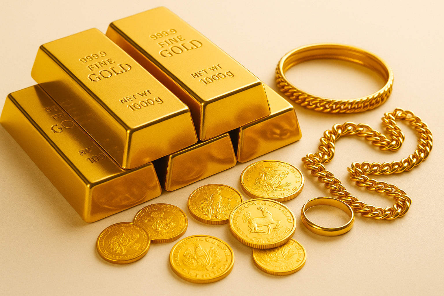 gold coin chain and gold bars gold high price 