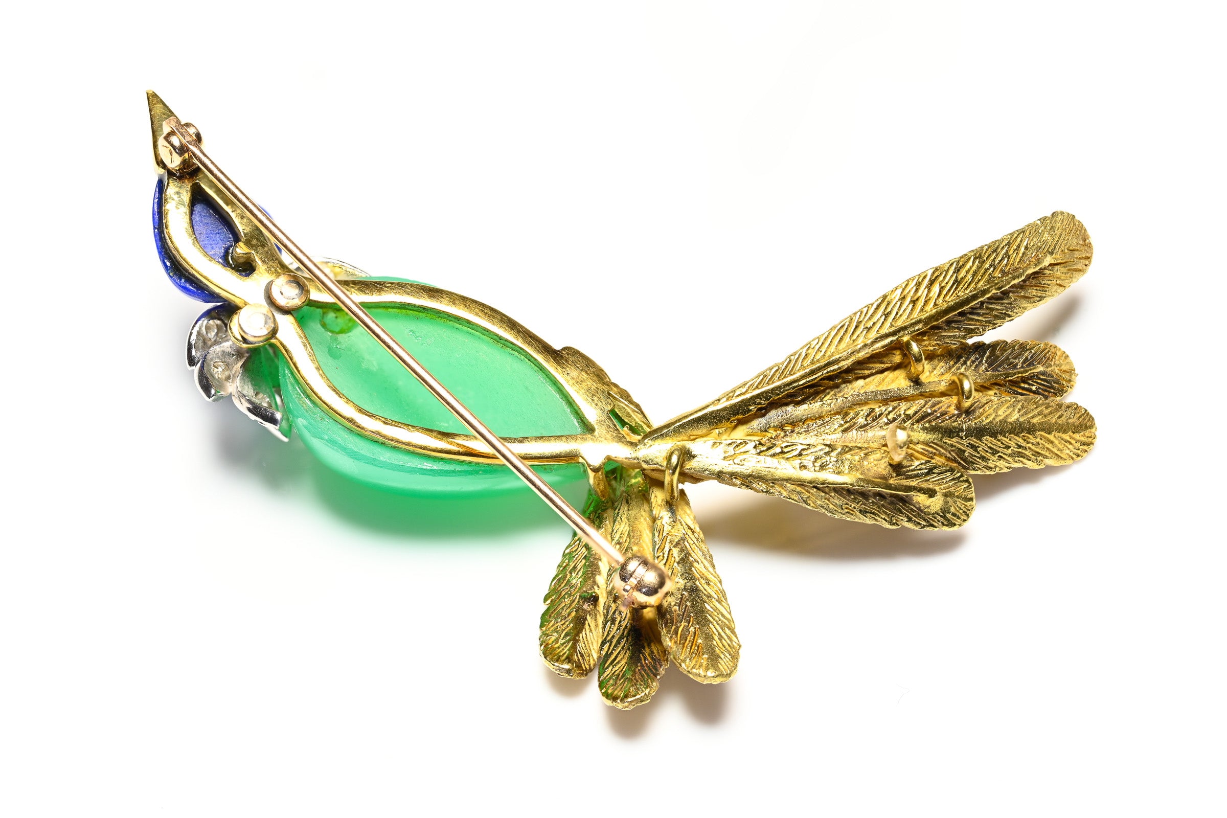 Vintage 18K Gold Bird of Paradise Brooch with Chrysoprase, Lapis Diamonds