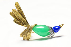 Vintage 18K Gold Bird of Paradise Brooch with Chrysoprase, Lapis, and Diamonds