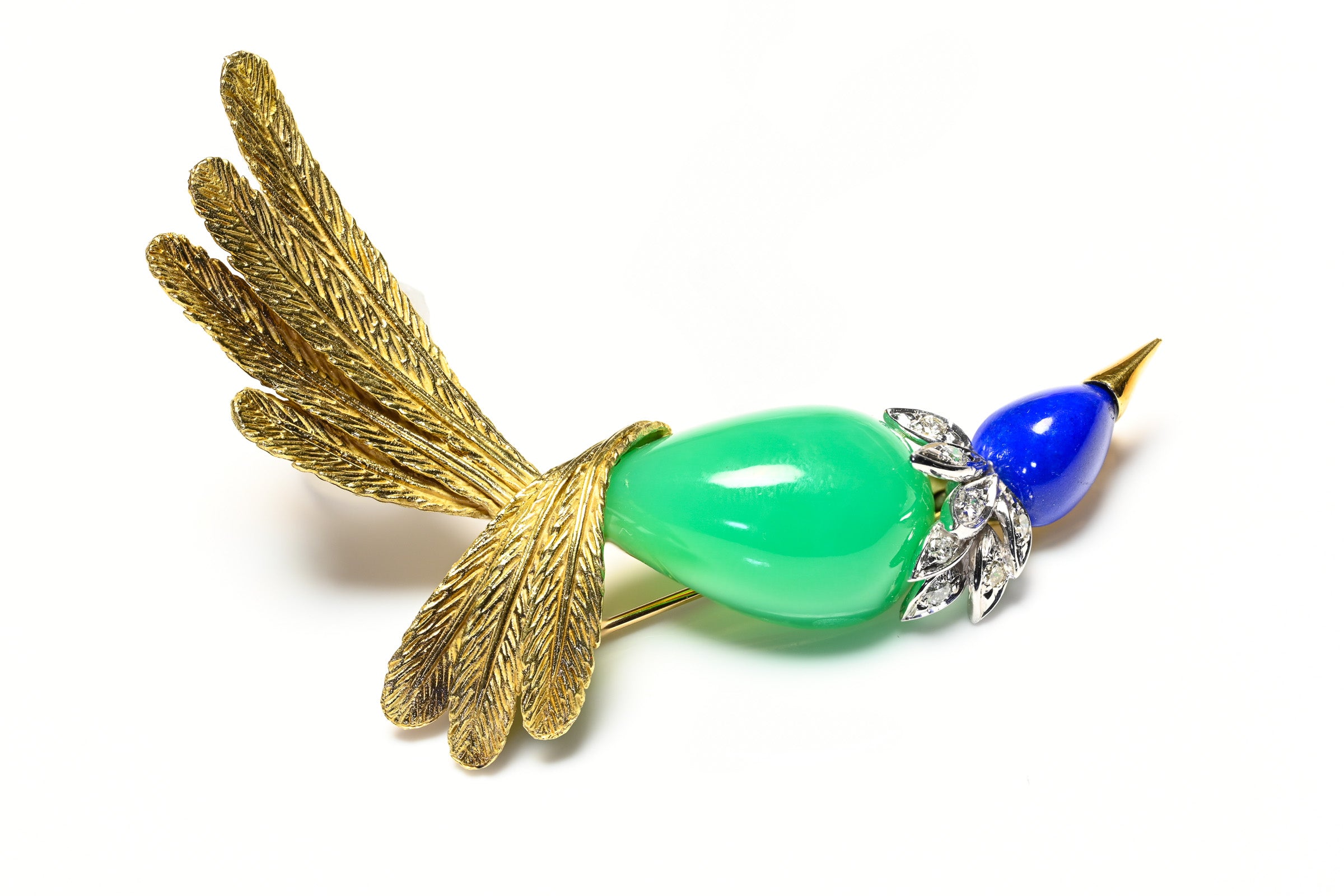 18K Gold Bird of Paradise Brooch Chrysoprase, Lapis Diamonds