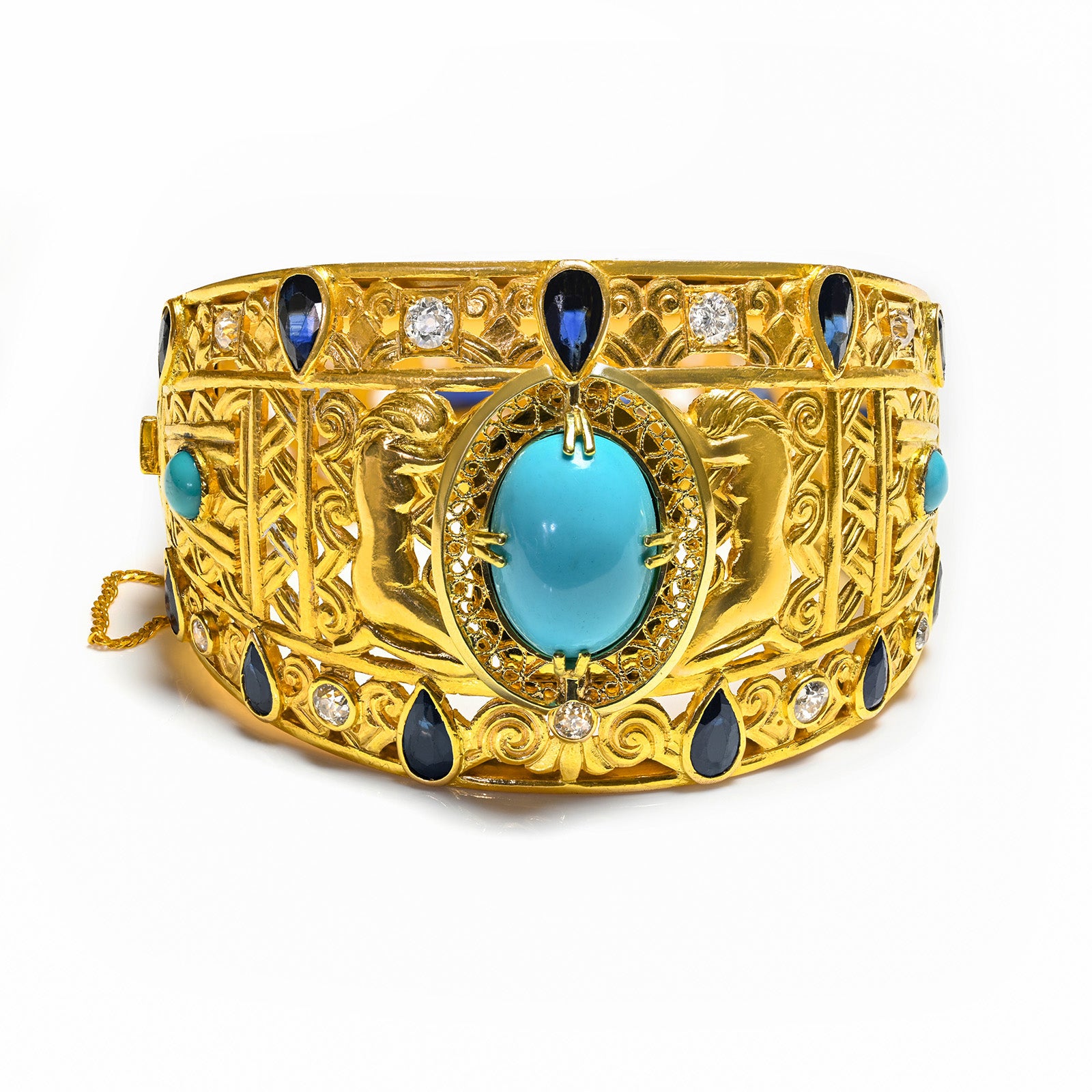 18K Gold Egyptian Revival Turquoise Gemstone Bracelet Wide 