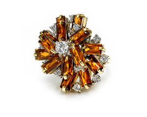 Vintage 18K Gold Garnet Diamond Modernist Cocktail Ring
