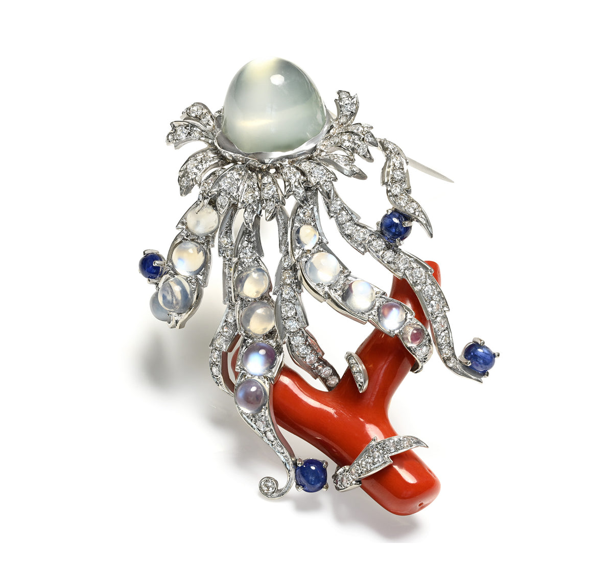 18K Gold Coral Moonstone Sapphire Diamond Brooch