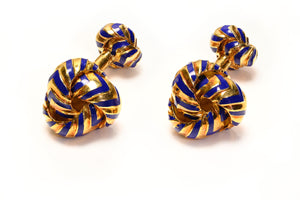 Vintage 18K Yellow Gold Blue Enamel Knot Cufflinks