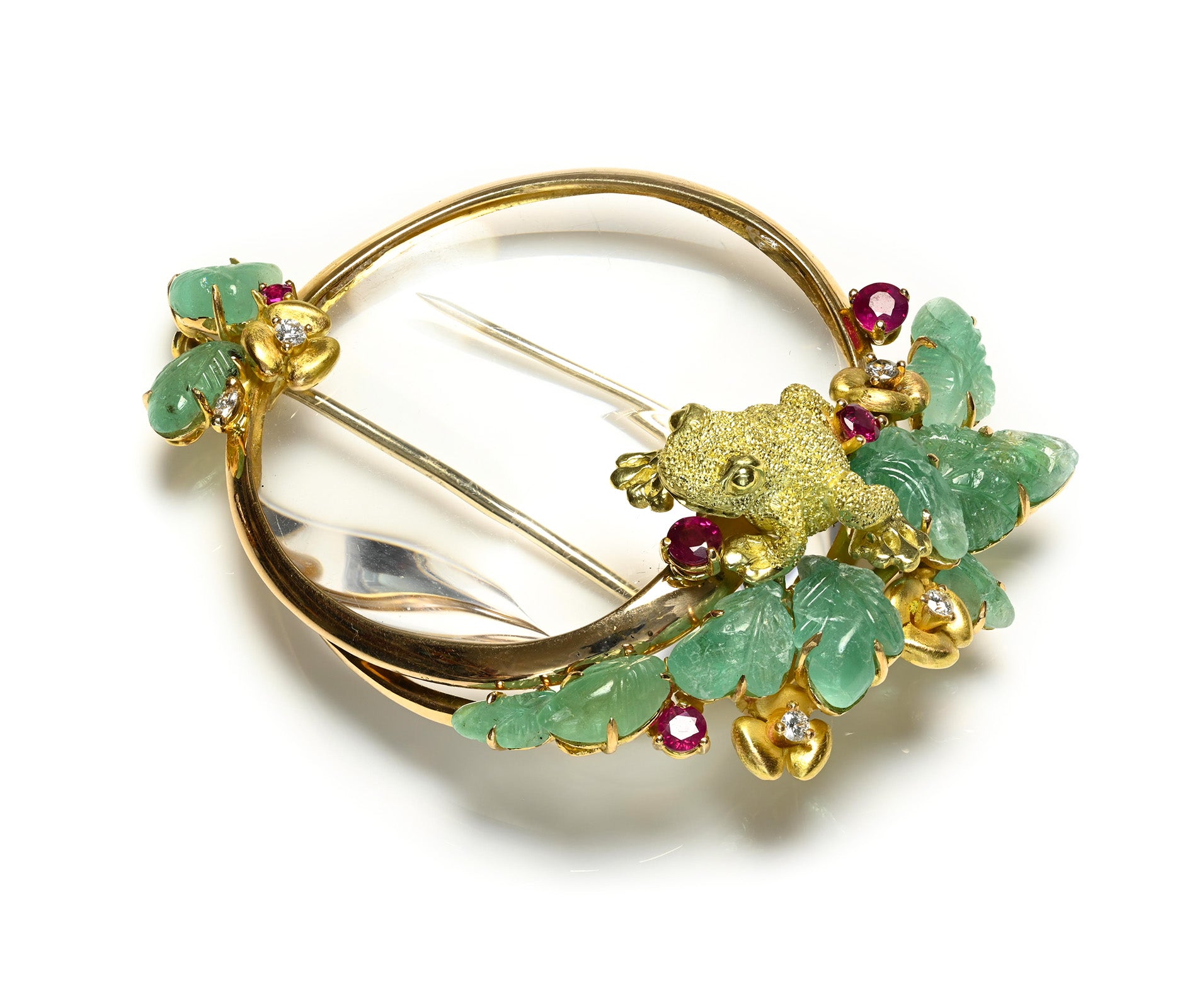 Carved Emerald, Ruby & Diamond 18K Gold Frog Magnifying Glass Brooch