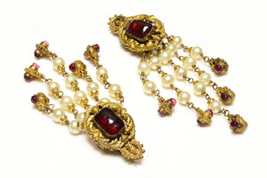 Vintage 1984 Chanel Paris Gripoix Red Glass Pearl Tassel Earrings