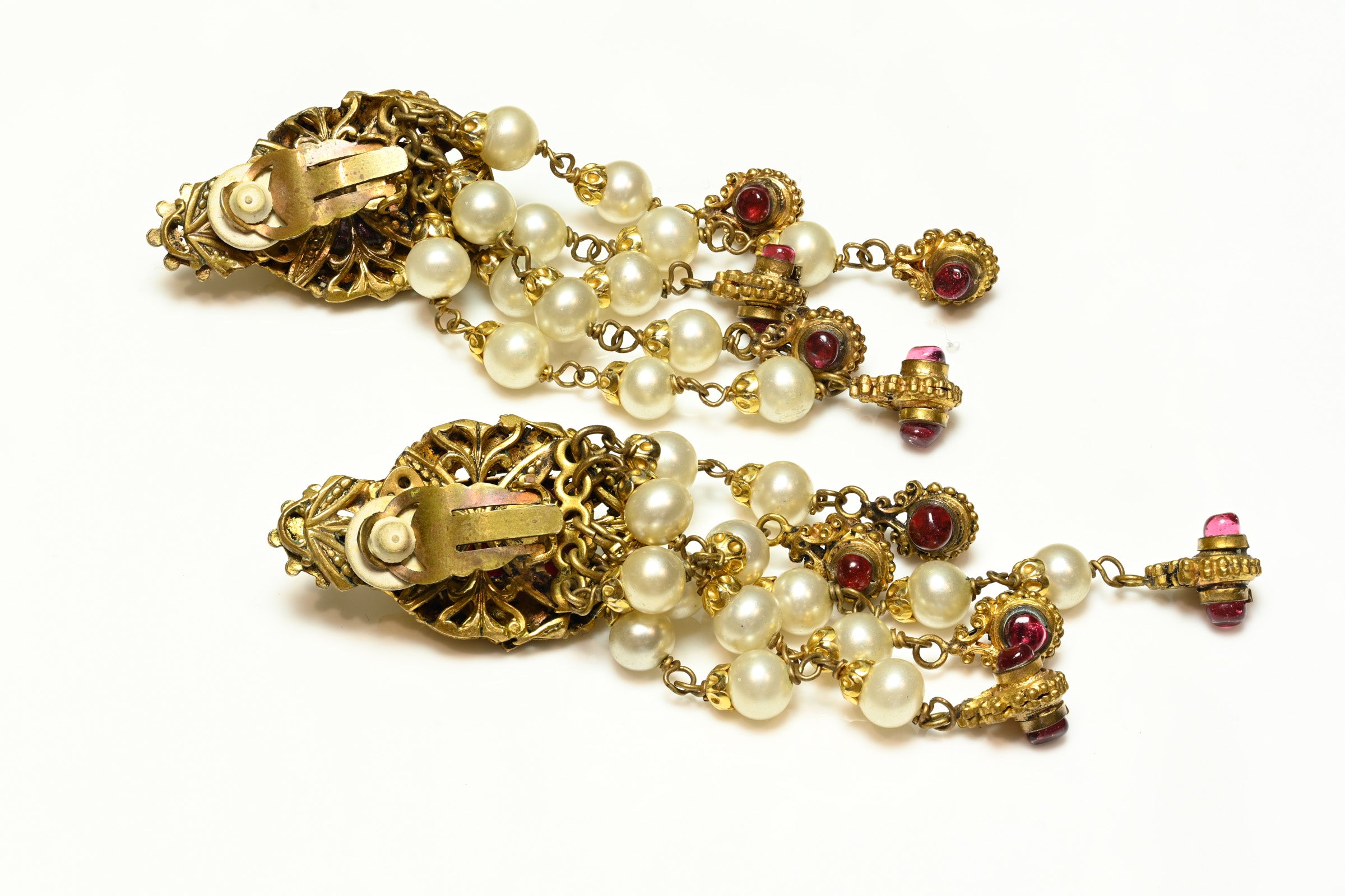 Vintage 1984 Chanel Paris Gripoix Red Glass Pearl Tassel Earrings 2