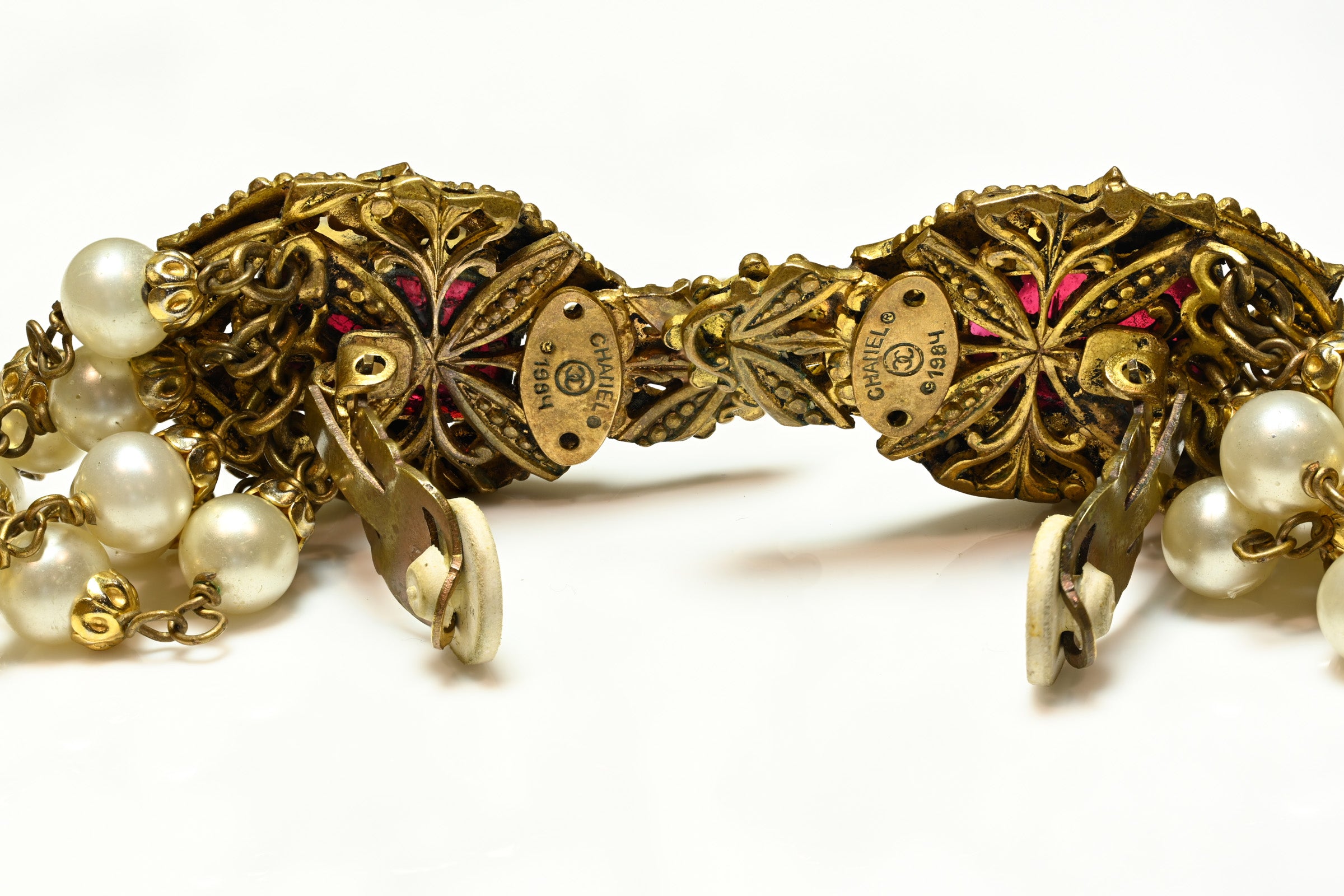 Vintage 1984 Chanel Paris Gripoix Red Glass Pearl Tassel Earrings 3