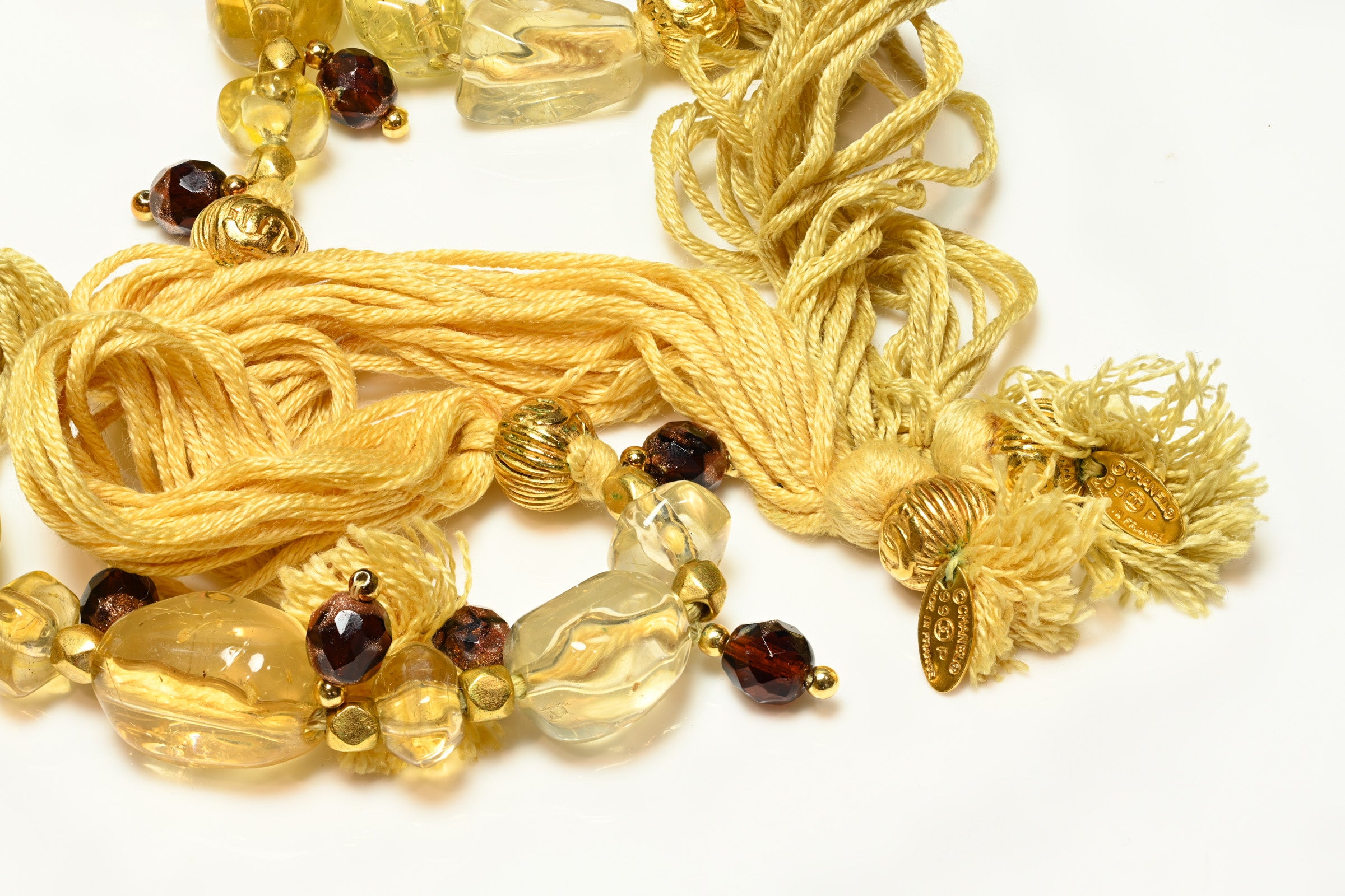 Vintage Spring 1999 Chanel Paris CC Yellow Resin Beads Lariat Necklaces 2