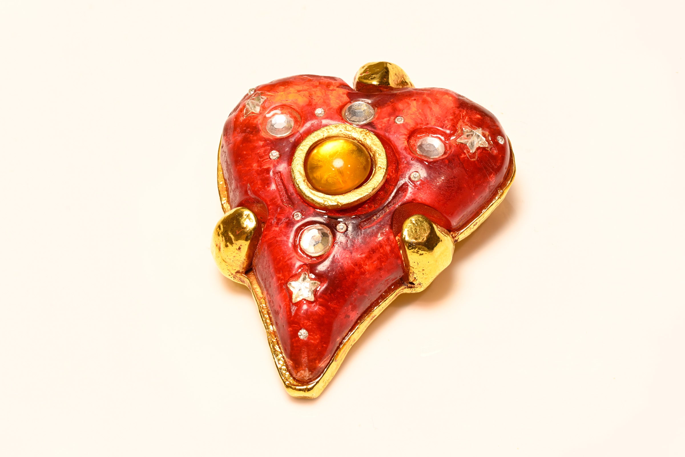 Vintage 1980's Kalinger Paris Red Orange Resin Heart Brooch