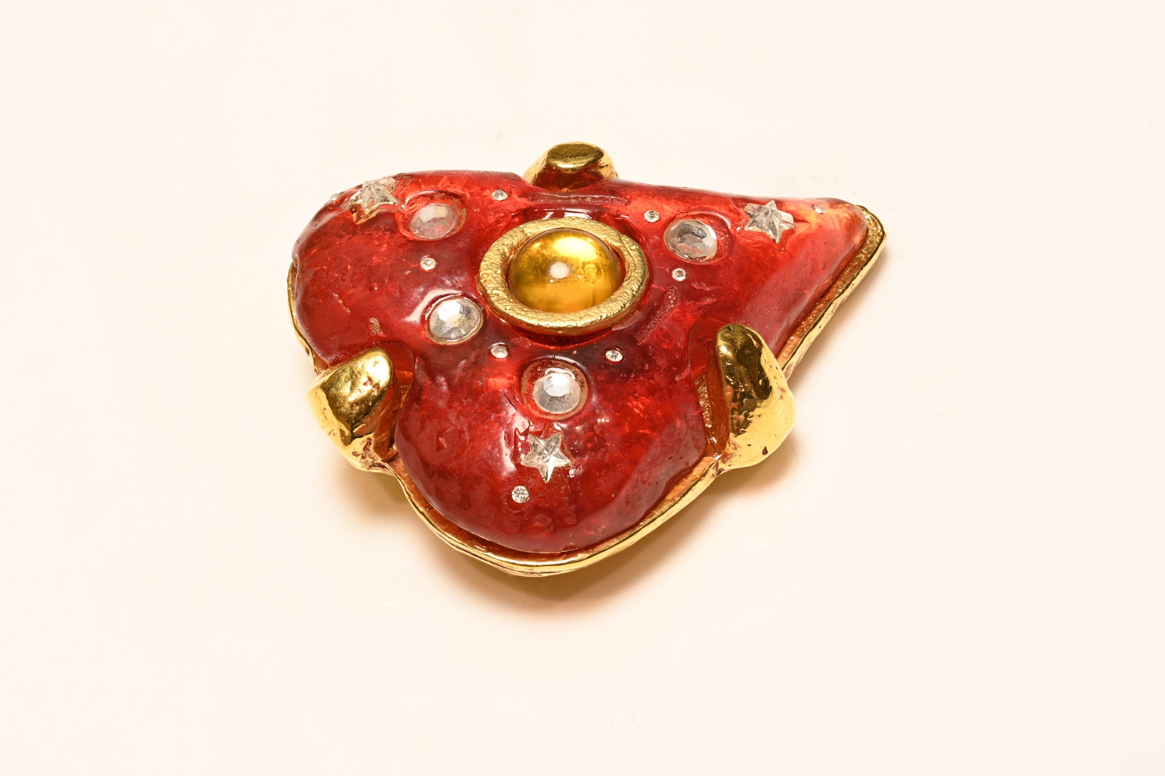 Vintage 1980's Kalinger Paris Red Orange Resin Heart Brooch 1