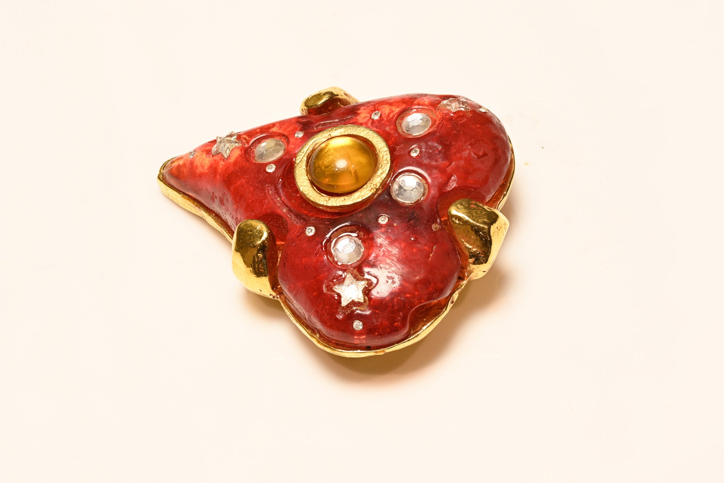 Vintage 1980's Kalinger Paris Red Orange Resin Heart Brooch 2