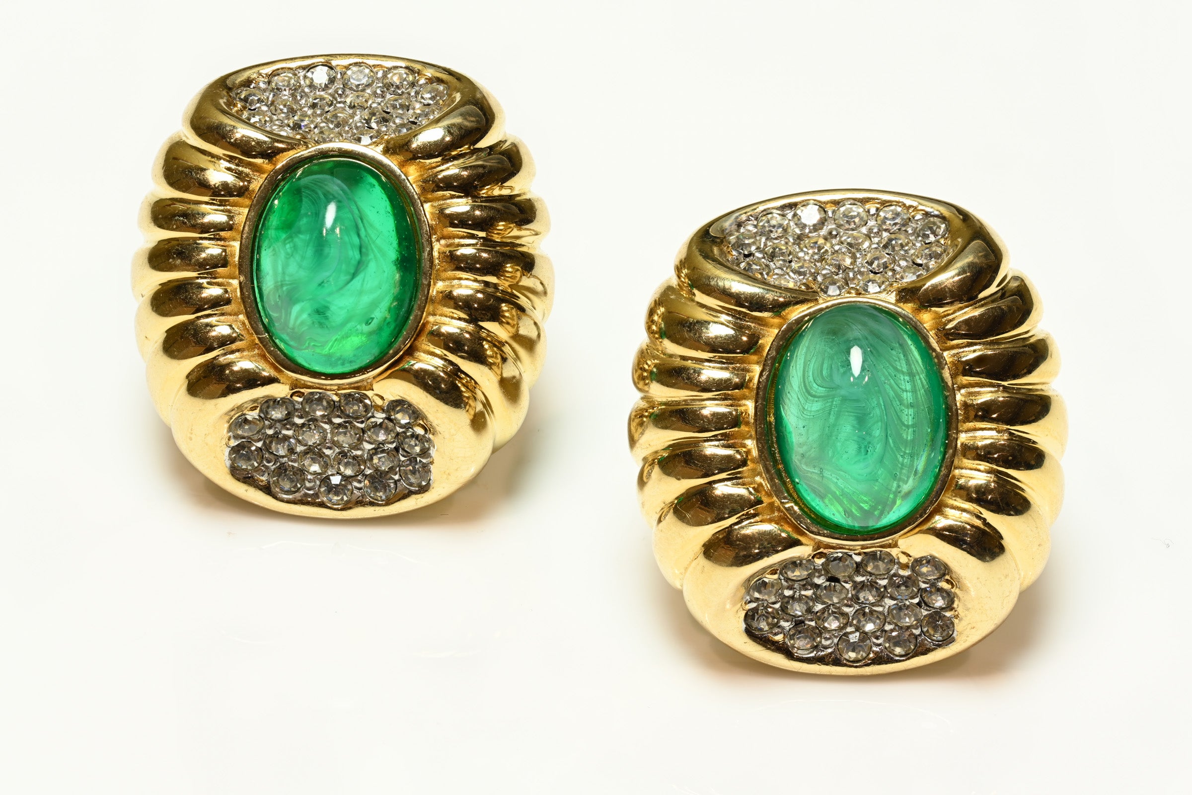 Vintage Ciner Gold Plated Green Cabochon Glass Crystal Earrings