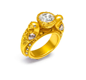 Unique 23K Carved Gold Rose Diamond Figural Men’s Ring