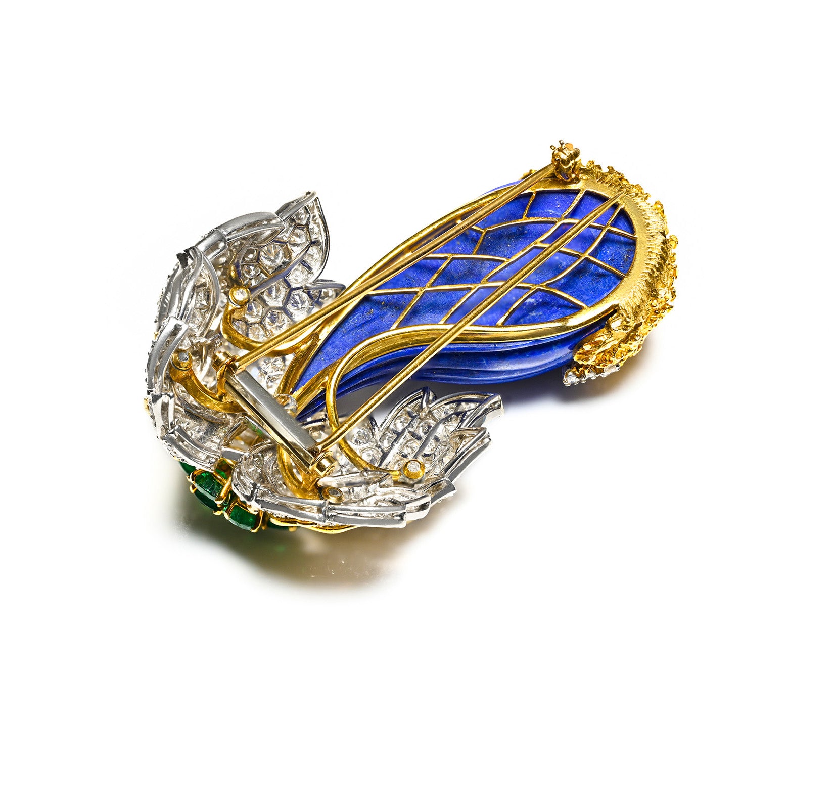 Emerald, Diamond Lapis Flower Brooch in 18K Textured Yellow Gold