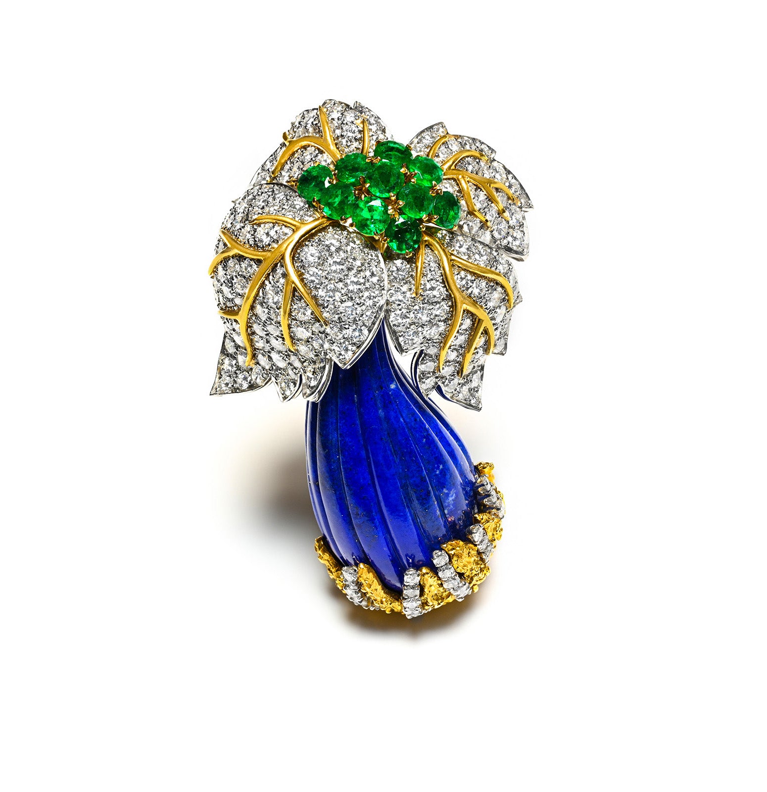 Jean Schlumberger Diamond  Lapis Emerald Flower Brooch 18K Gold