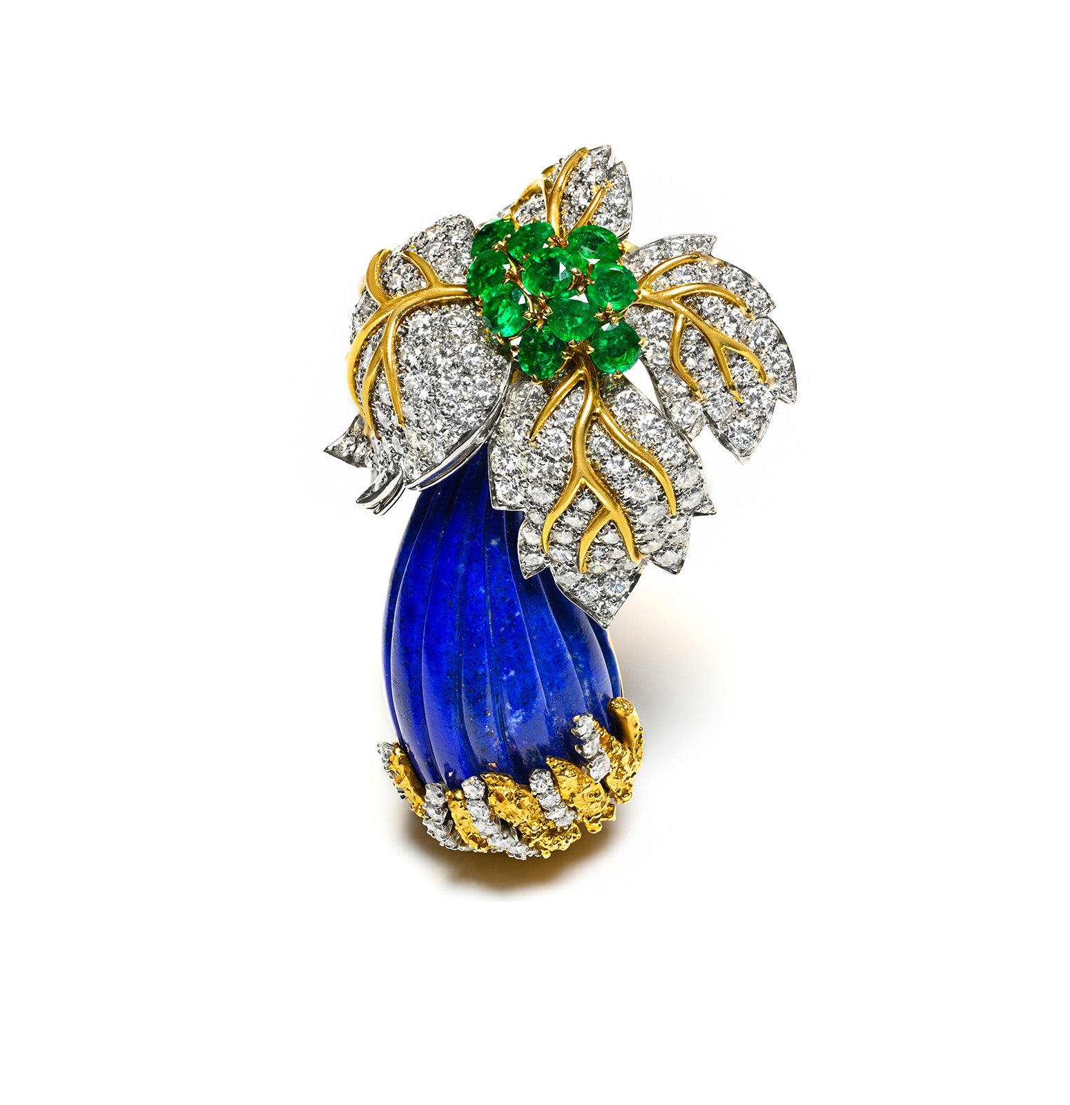 Diamond Lapis Emerald Flower 18K Gold Brooch 