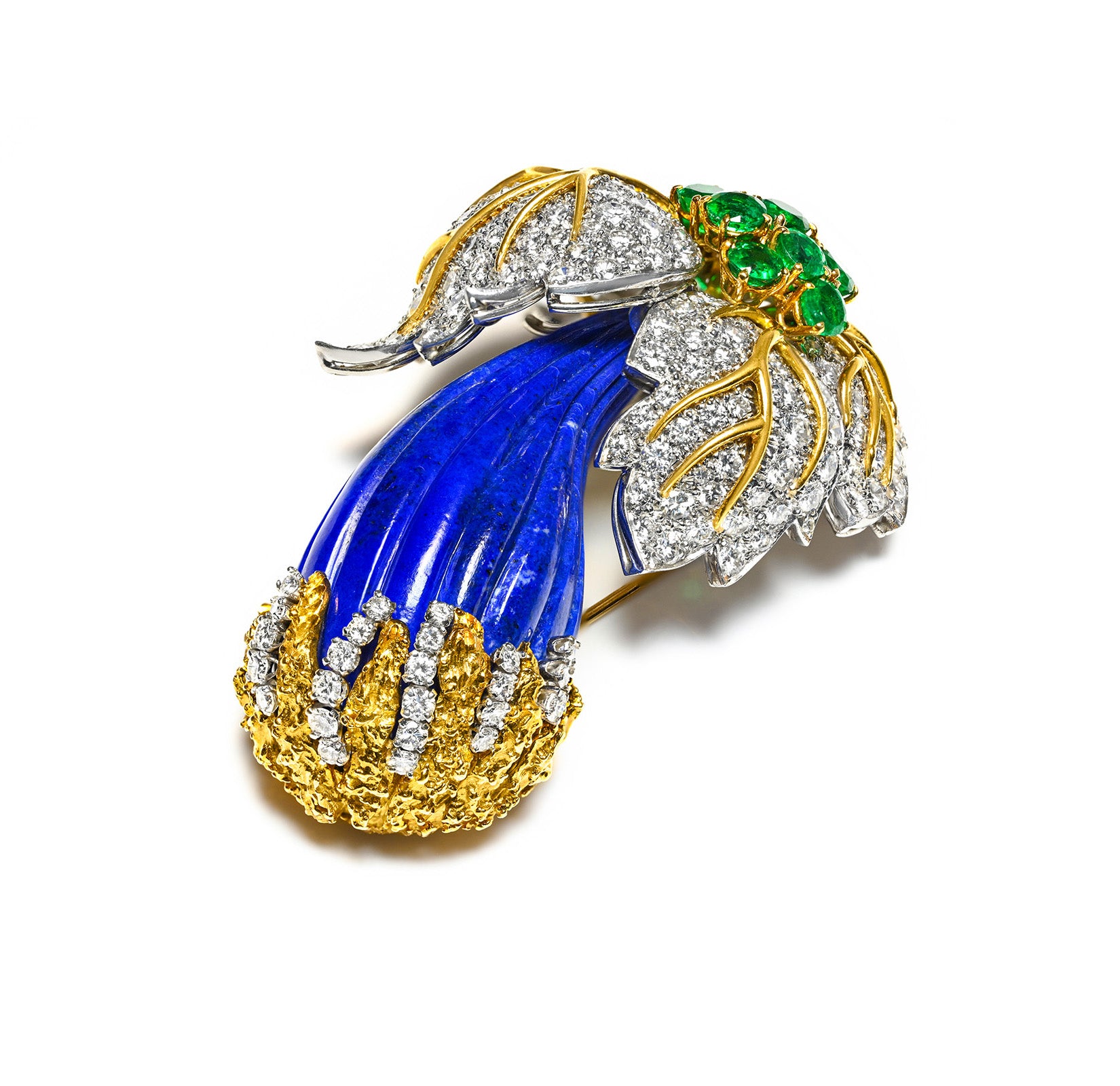 Emerald, Diamond & Lapis Flower Brooch in 18K Textured Yellow Gold