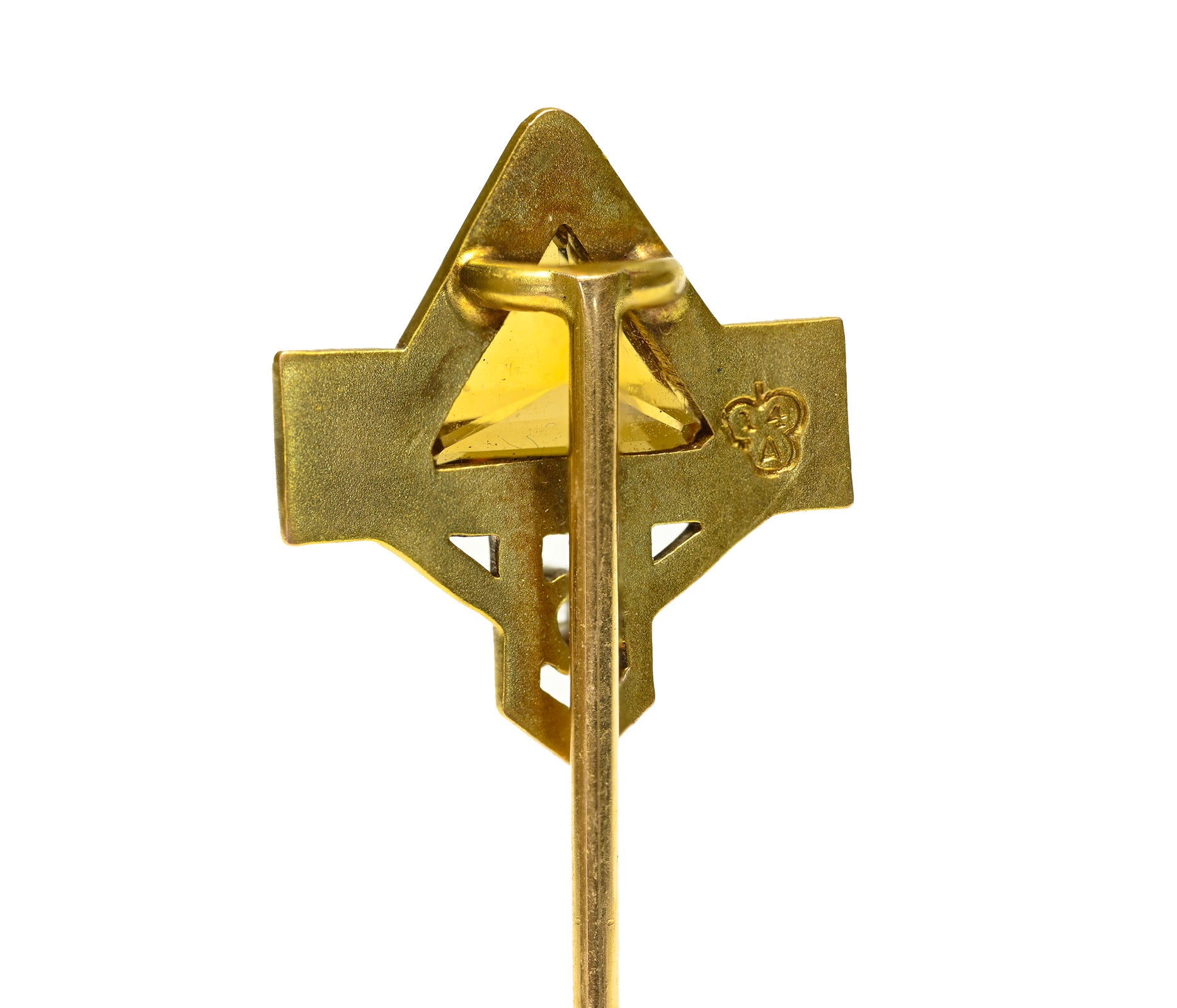 A Transitional Art Nouveau to Art Deco Citrine and Diamond Gold Stick Pin