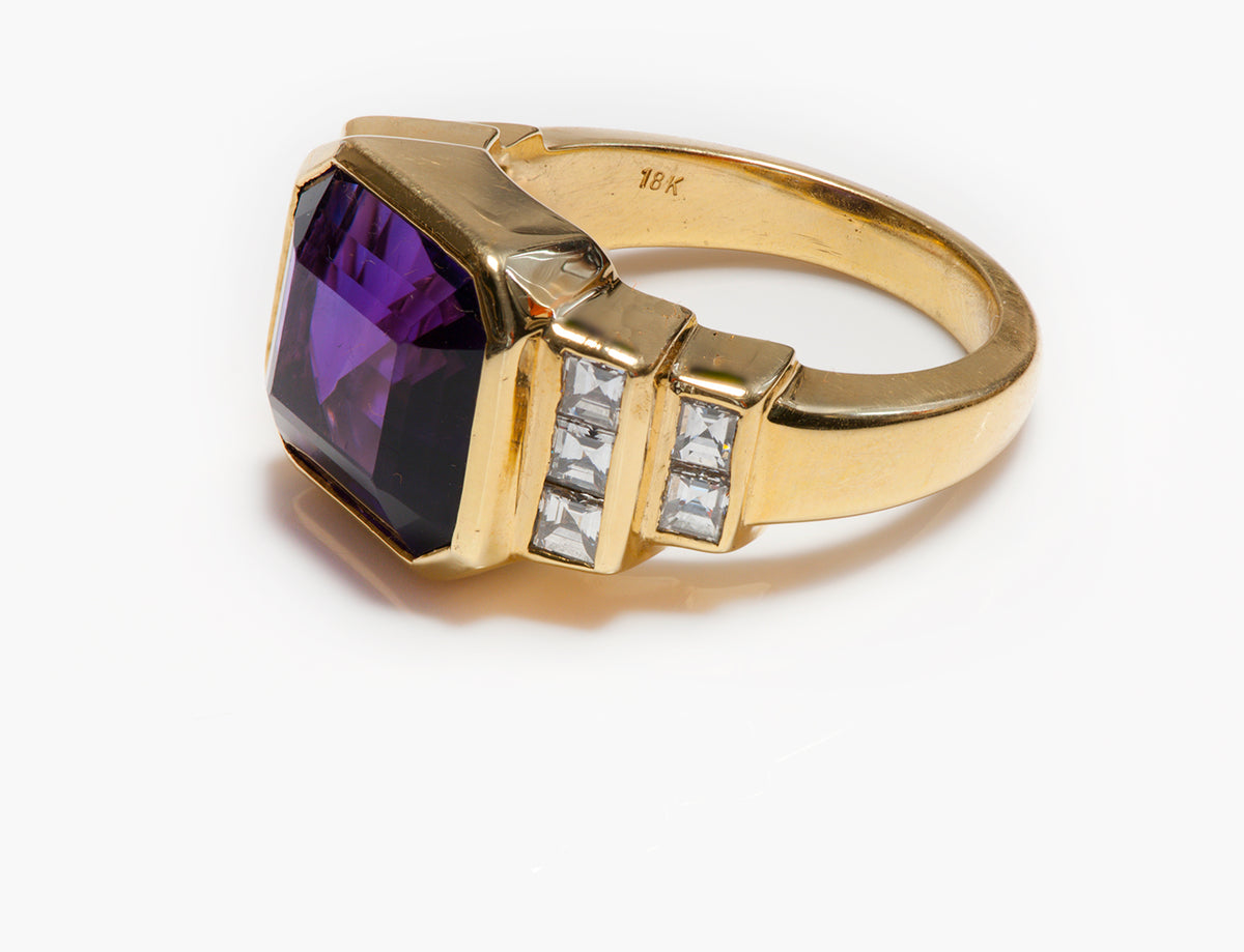 Vintage 18K Yellow Gold Diamond Amethyst Men's Ring