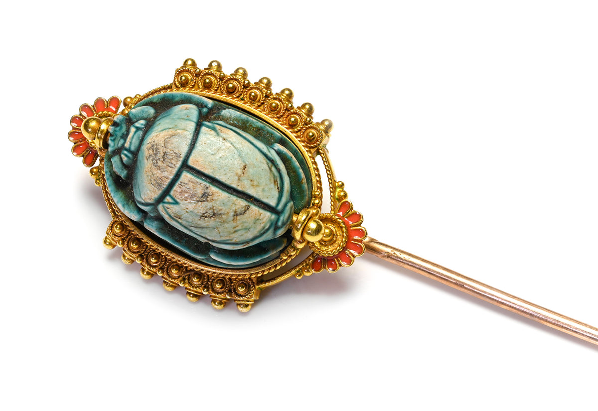 Ancient Egyptian Faience Scarab Stick Pin in a Victorian Gold and Enamel Mount