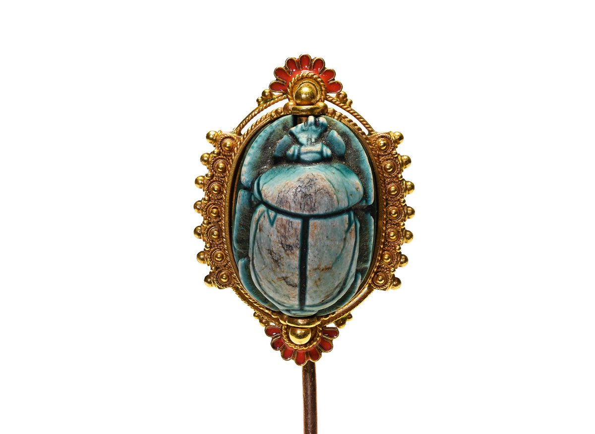 Ancient Egyptian Faience Scarab Stick Pin in a Victorian Gold 