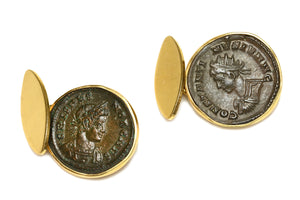 Ancient Roman Bronze Coin 18K Gold Cufflinks, Circa 300 AD