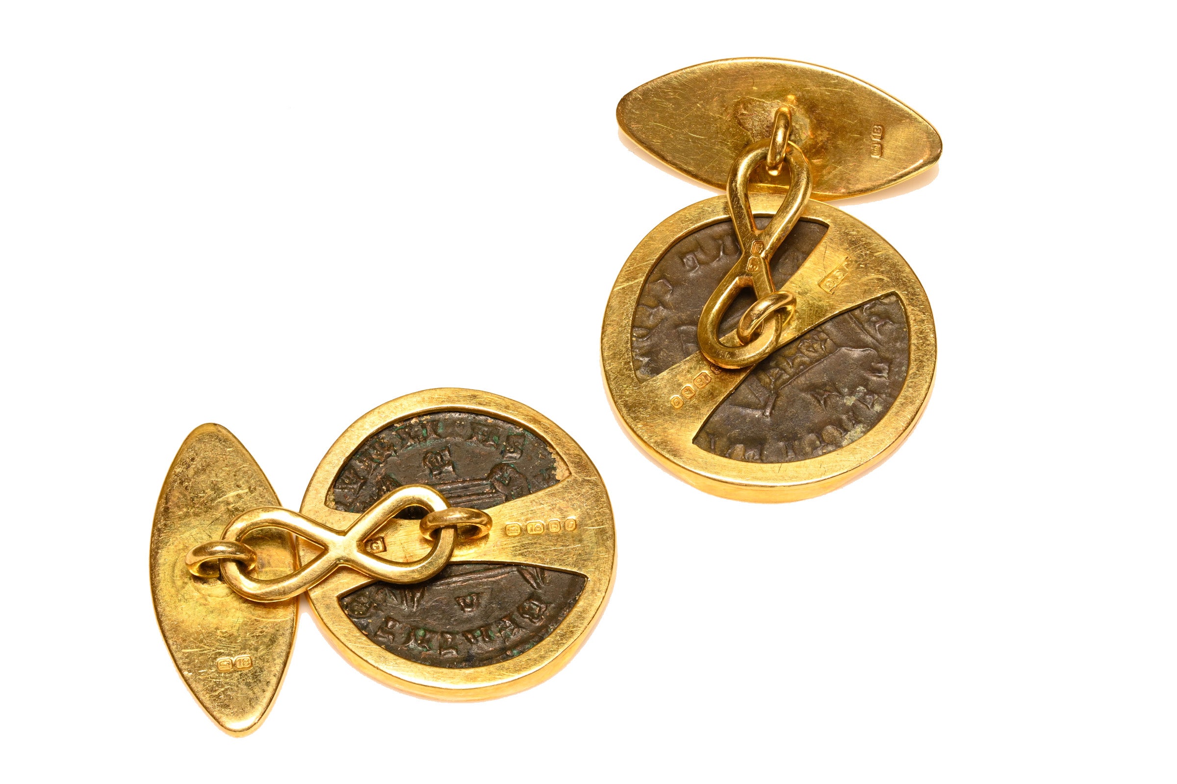 Hallmark of Ancient Roman Constantine and Crispus Coin 18K Gold Cufflinks, Circa 300 AD