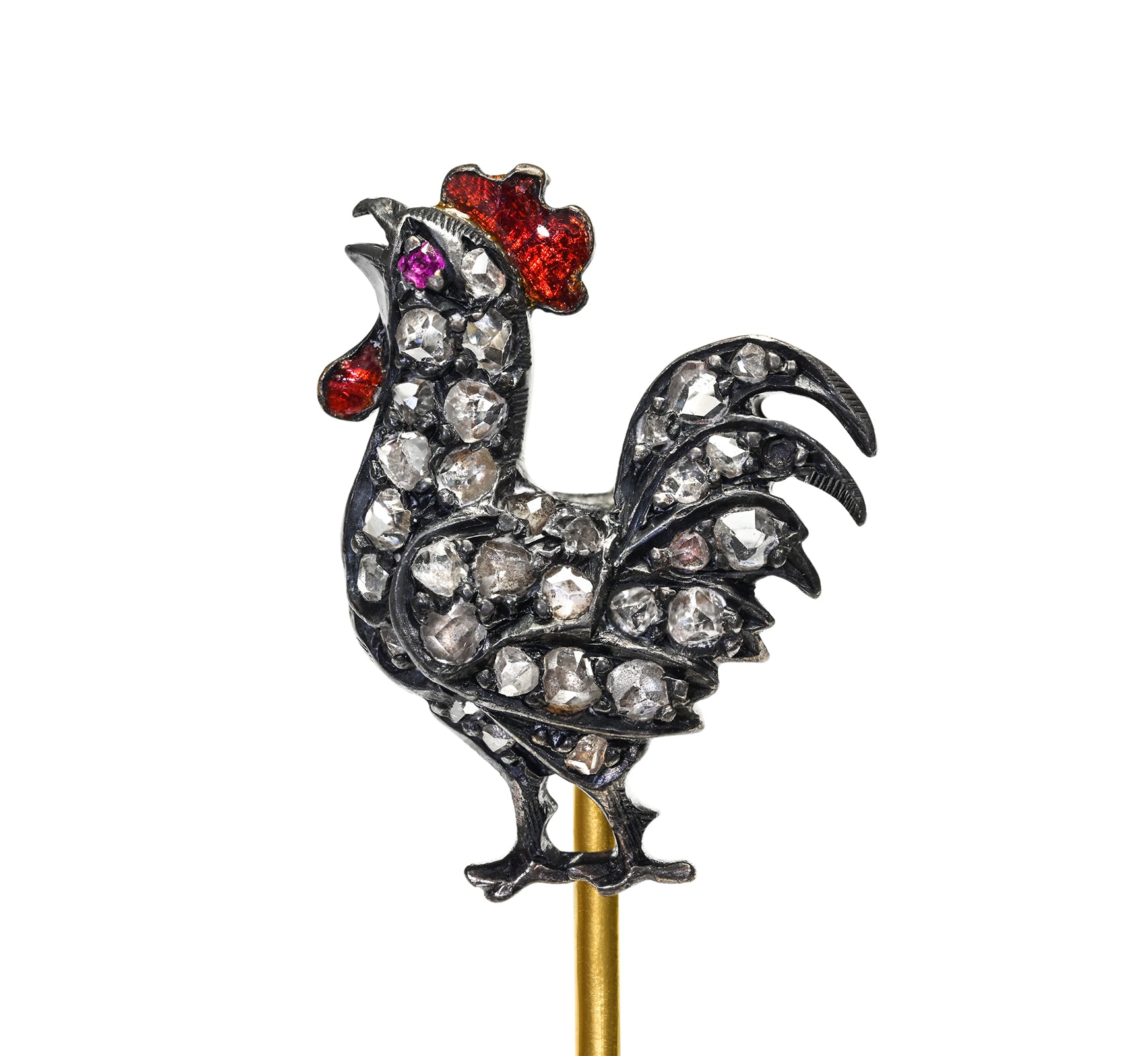 Antique Diamond Ruby Enamel Rooster Stick Pin