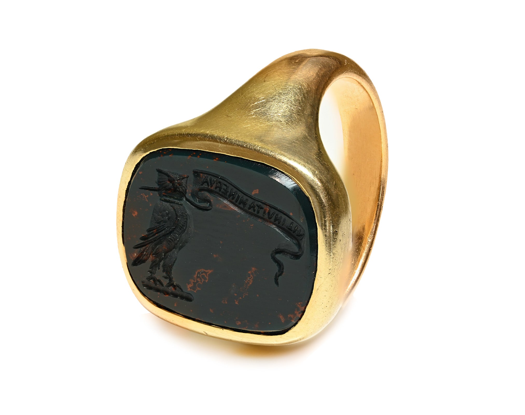 Antique 14K Gold Bloodstone Intaglio Signet Ring, “Non Invita Minerva”